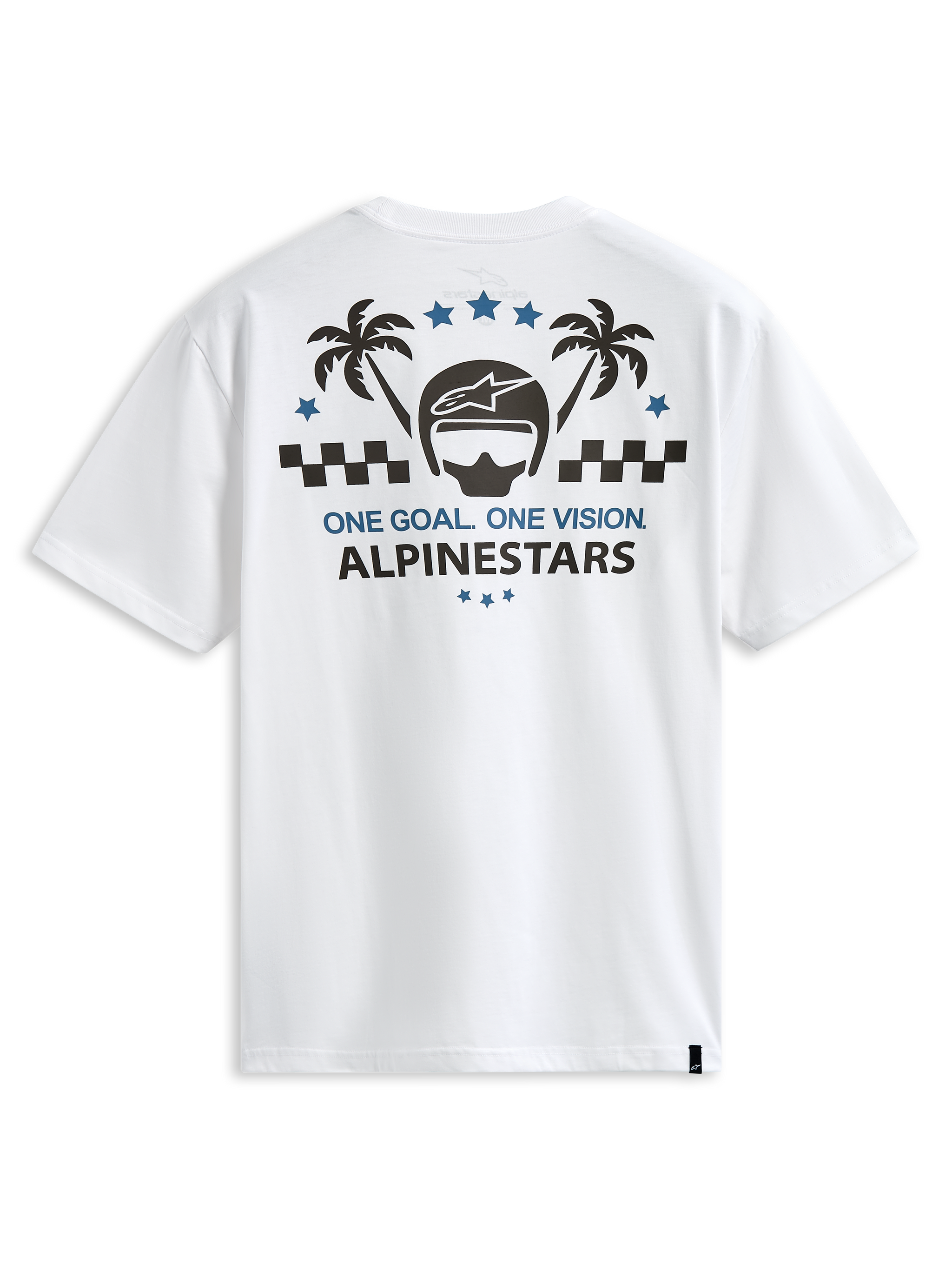 Alpinestars Order CSF Tee, Short Sleeve T-Shirt, White, Back Graphic with Helmet and Palm Trees, One Goal One Vision Text, Casual Motorsport Streetwear