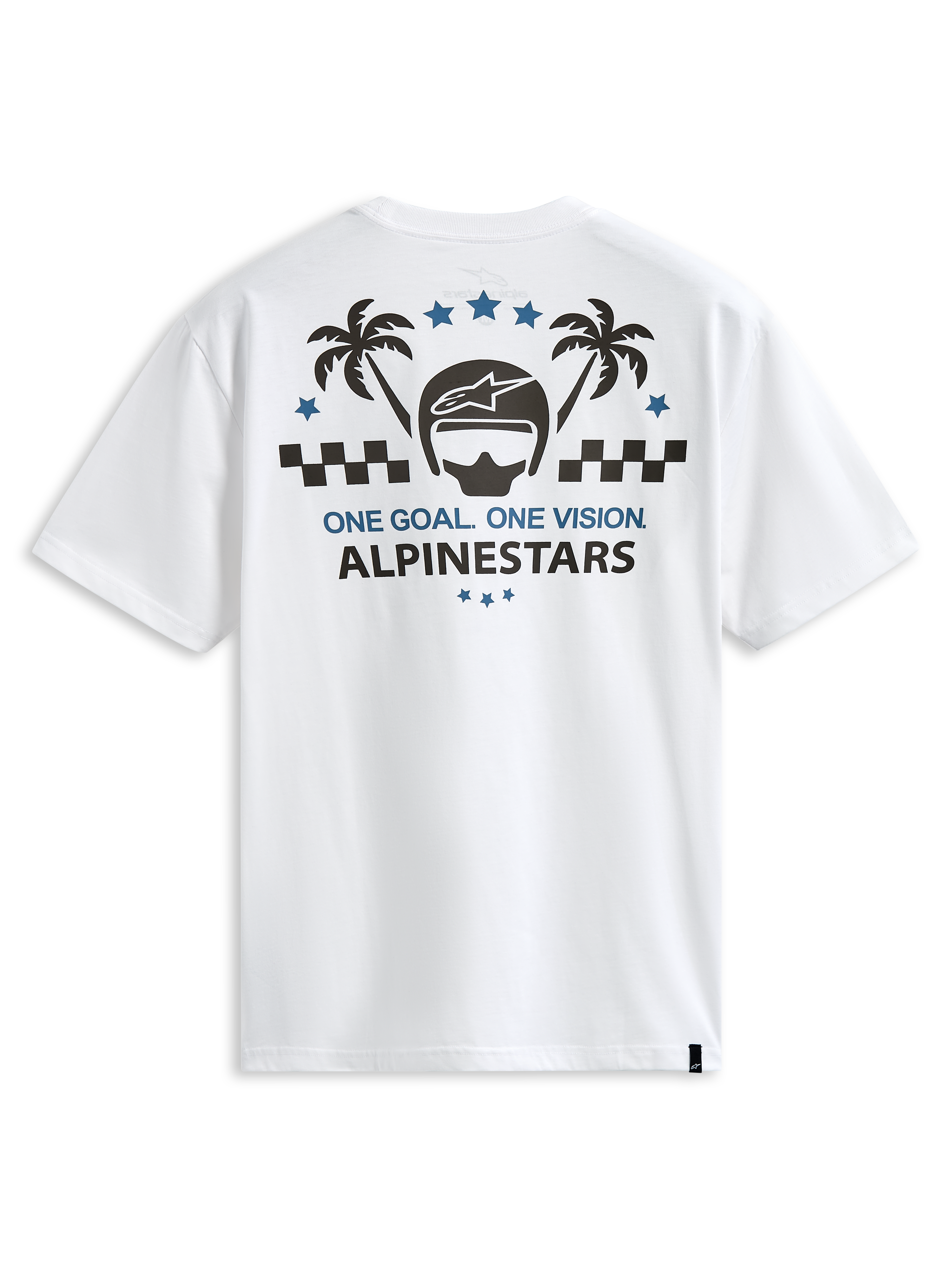 Alpinestars Order CSF Tee, kurzärmeliges T-Shirt, Weiß, Rückengrafik mit Helm und Palmen, „One Goal One Vision“-Schriftzug, lässige Motorsport-Streetwear