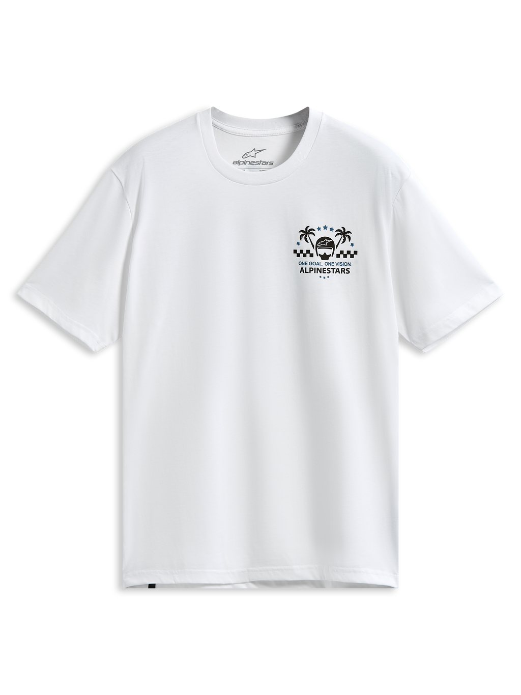 Alpinestars Order CSF T-Shirt, kurzärmeliges T-Shirt, Weiß, Brustgrafik mit Palmen und Rennhelm, 'One Goal One Vision' Schriftzug, lässige Motorsport-Sportbekleidung