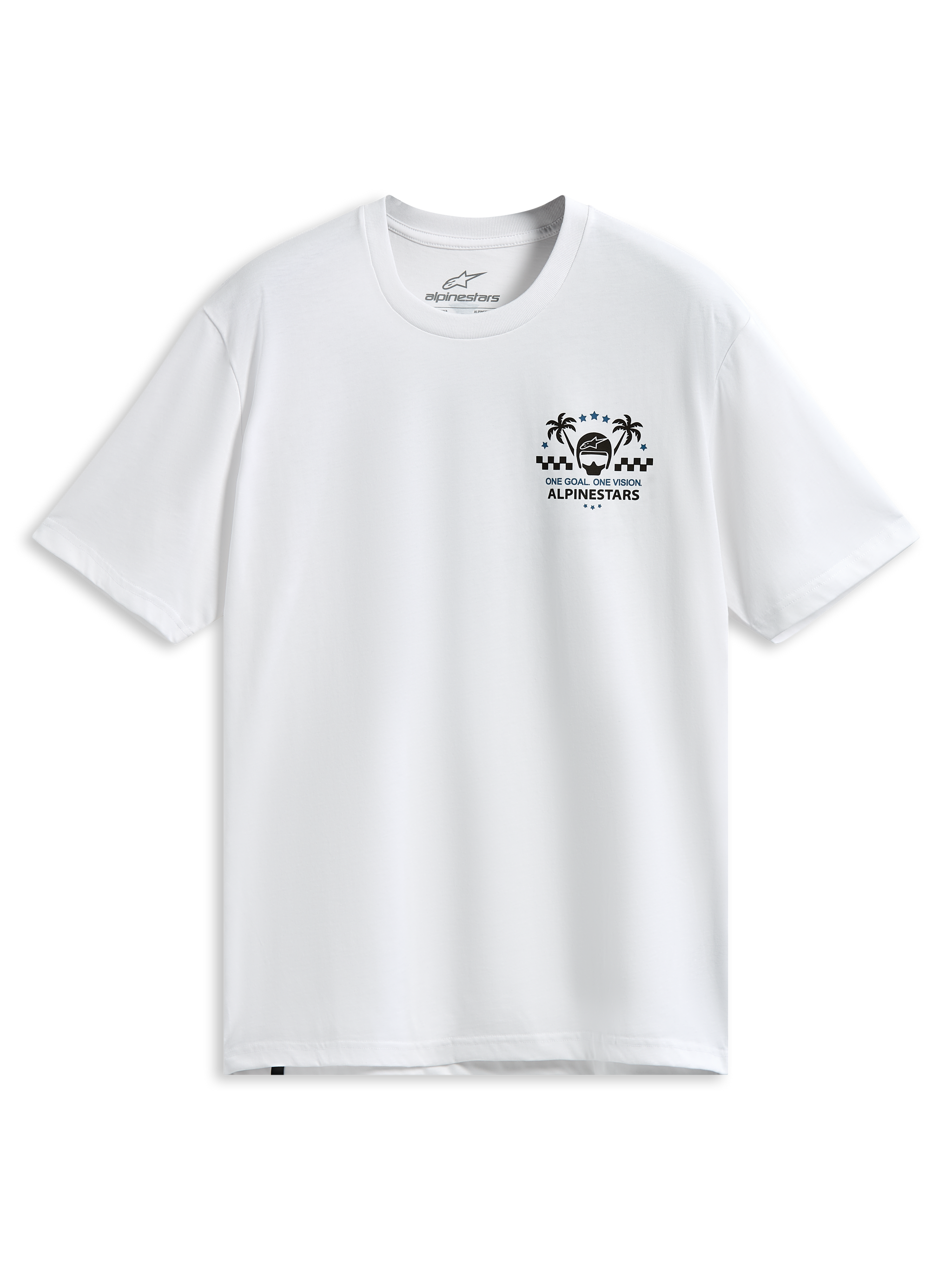 Alpinestars Order CSF Tee, Short Sleeve T-Shirt, White, Chest Graphic with Palm Trees and Racing Helmet, One Goal One Vision Text, Casual Motorsport Sportswear