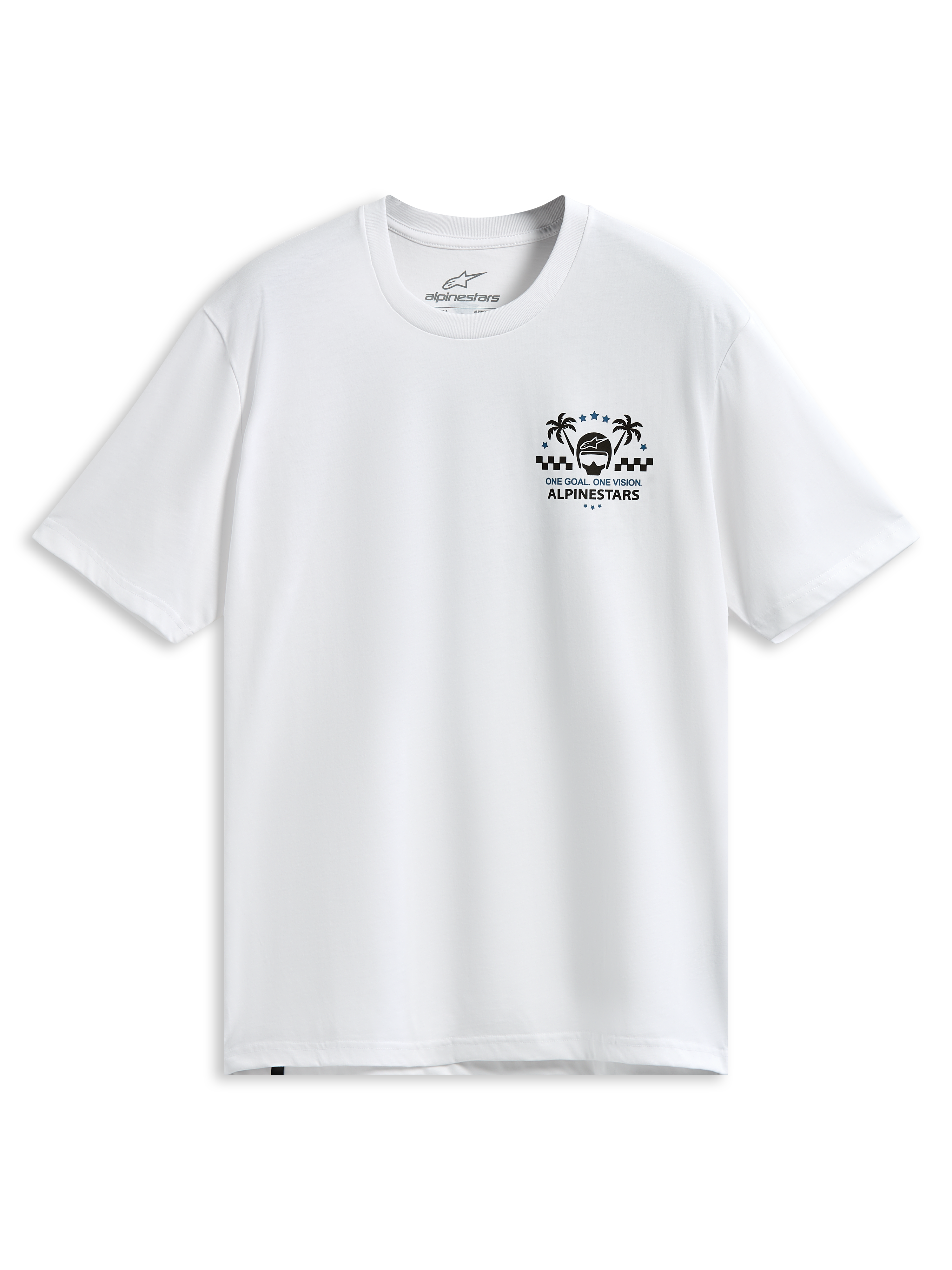 Alpinestars Order CSF T-Shirt, kurzärmeliges T-Shirt, Weiß, Brustgrafik mit Palmen und Rennhelm, 'One Goal One Vision' Schriftzug, lässige Motorsport-Sportbekleidung