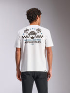 Alpinestars Order CSF T-Shirt, kurzärmliges T-Shirt, Weiß, Rückansicht mit Helm- und Palmen-Grafik sowie 'ONE GOAL. ONE VISION.' Schriftzug, lässige Motorsport-Streetwear