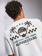 Alpinestars Order CSF T-Shirt, Kurzarm-Shirt, Weiß, Rückansicht mit Grafik aus Helm, Palmen und „ONE GOAL. ONE VISION.“ Schriftzug, lässige Motorsport-Streetwear