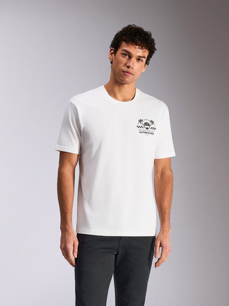Alpinestars Order CSF Tee, Short Sleeve T-Shirt, White, Chest Graphic with Helmet and Palm Trees, worn by model with dark pants, casual motorsport-inspired streetwear