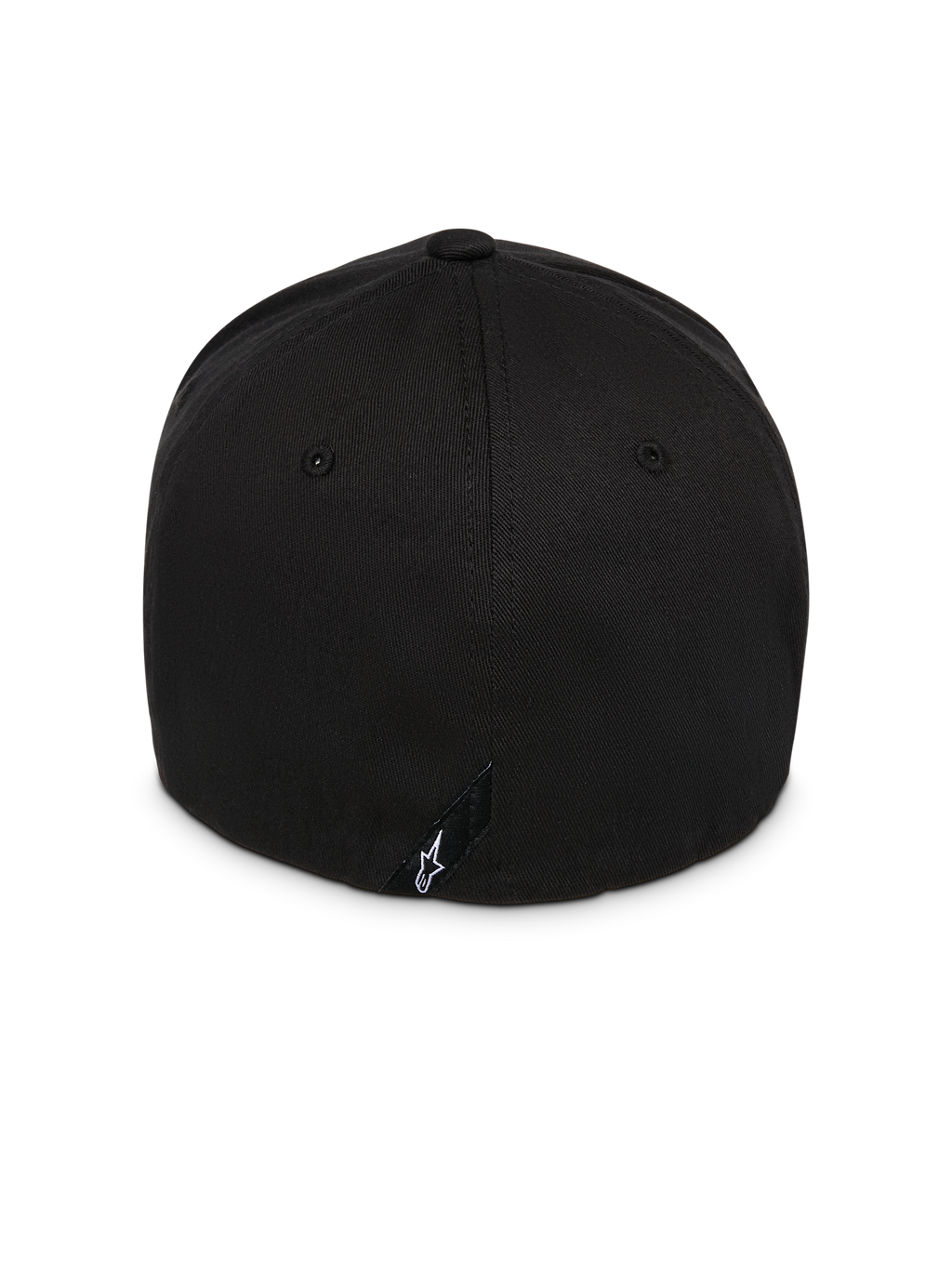 Alpinestars Instinct Hat, Schwarz, Rückansicht mit strukturierter Krone und Flex-Back-Design, kleines schwarzes Etikett mit weißem Astars-Logo, strapazierfähiges Twill-Gewebe, lässige, vom Motorsport inspirierte Kopfbedeckung