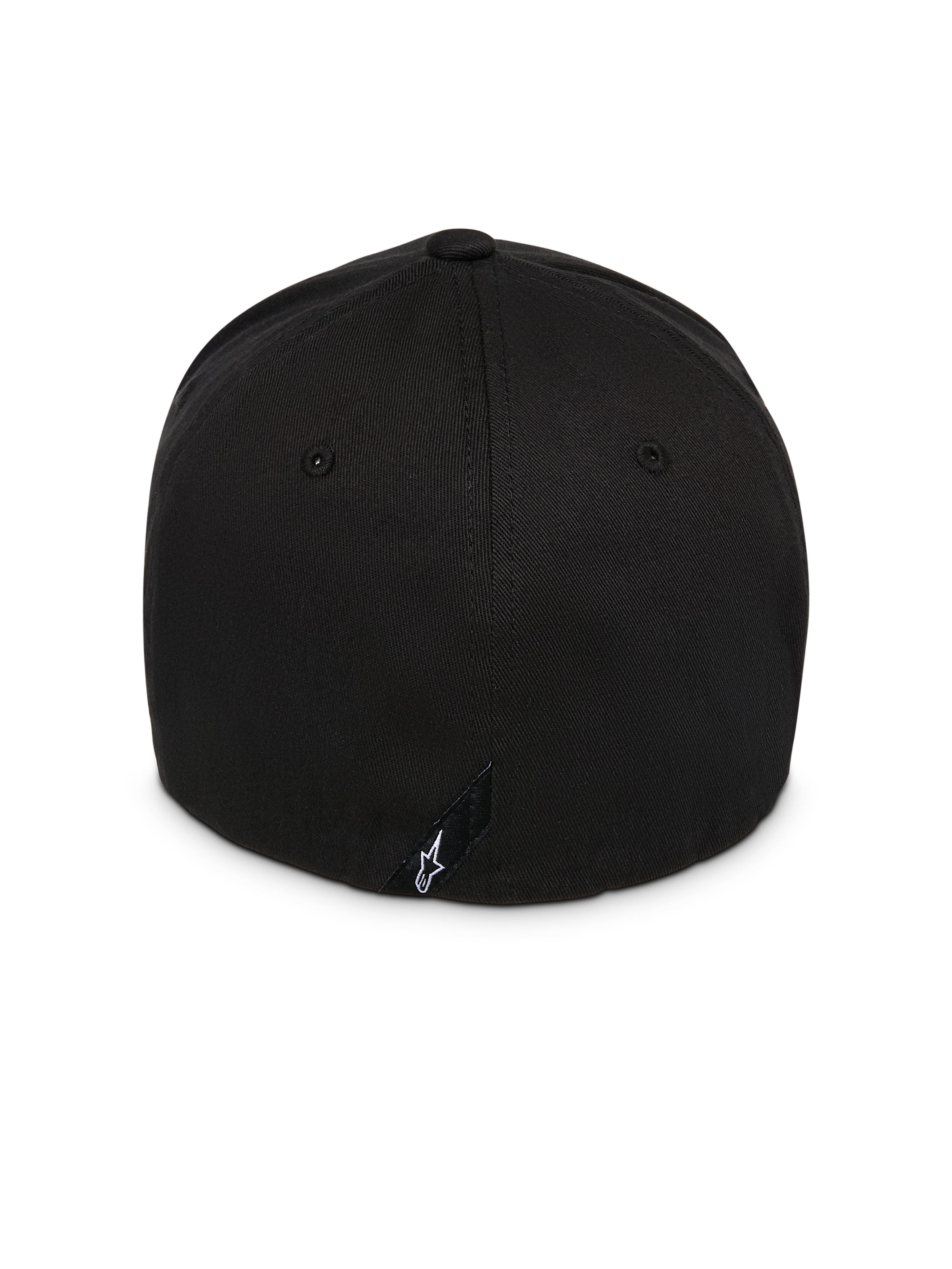 Alpinestars Instinct Hat, Schwarz, Rückansicht mit strukturierter Krone und Flex-Back-Design, kleines schwarzes Etikett mit weißem Astars-Logo, strapazierfähiges Twill-Gewebe, lässige, vom Motorsport inspirierte Kopfbedeckung