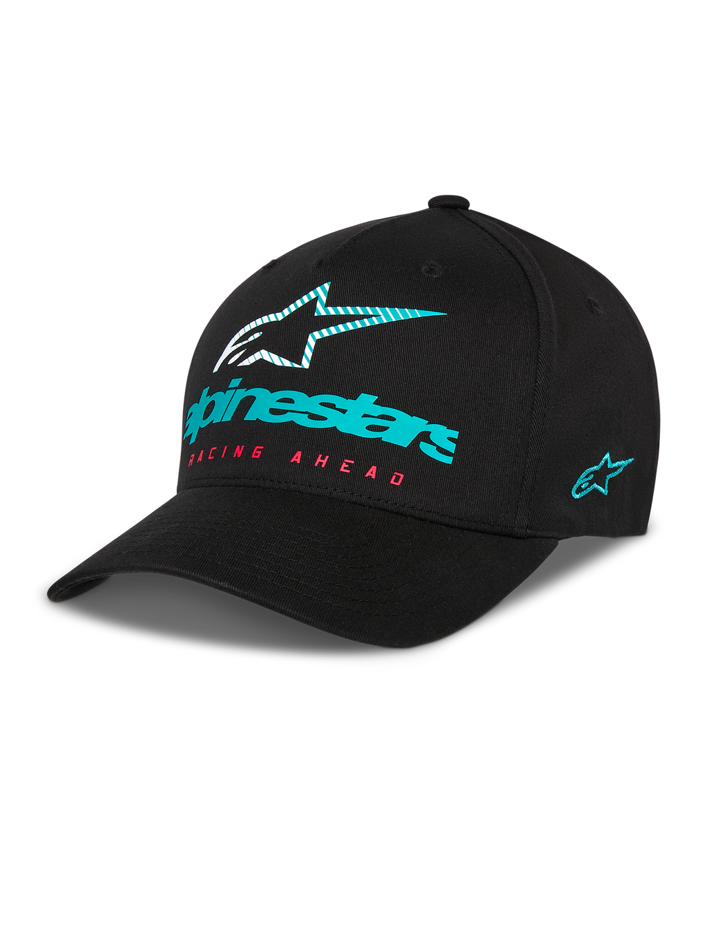 Alpinestars Instinct Kappe, schwarze Baseballkappe mit gebogenem Schirm, türkisfarbenes Alpinestars-Logo und gestreifter Stern auf der Vorderseite, roter „Racing Ahead“-Schriftzug, türkisfarbene Logo-Stickerei an der Seite, lässige Motorsport-Kopfbedeckung