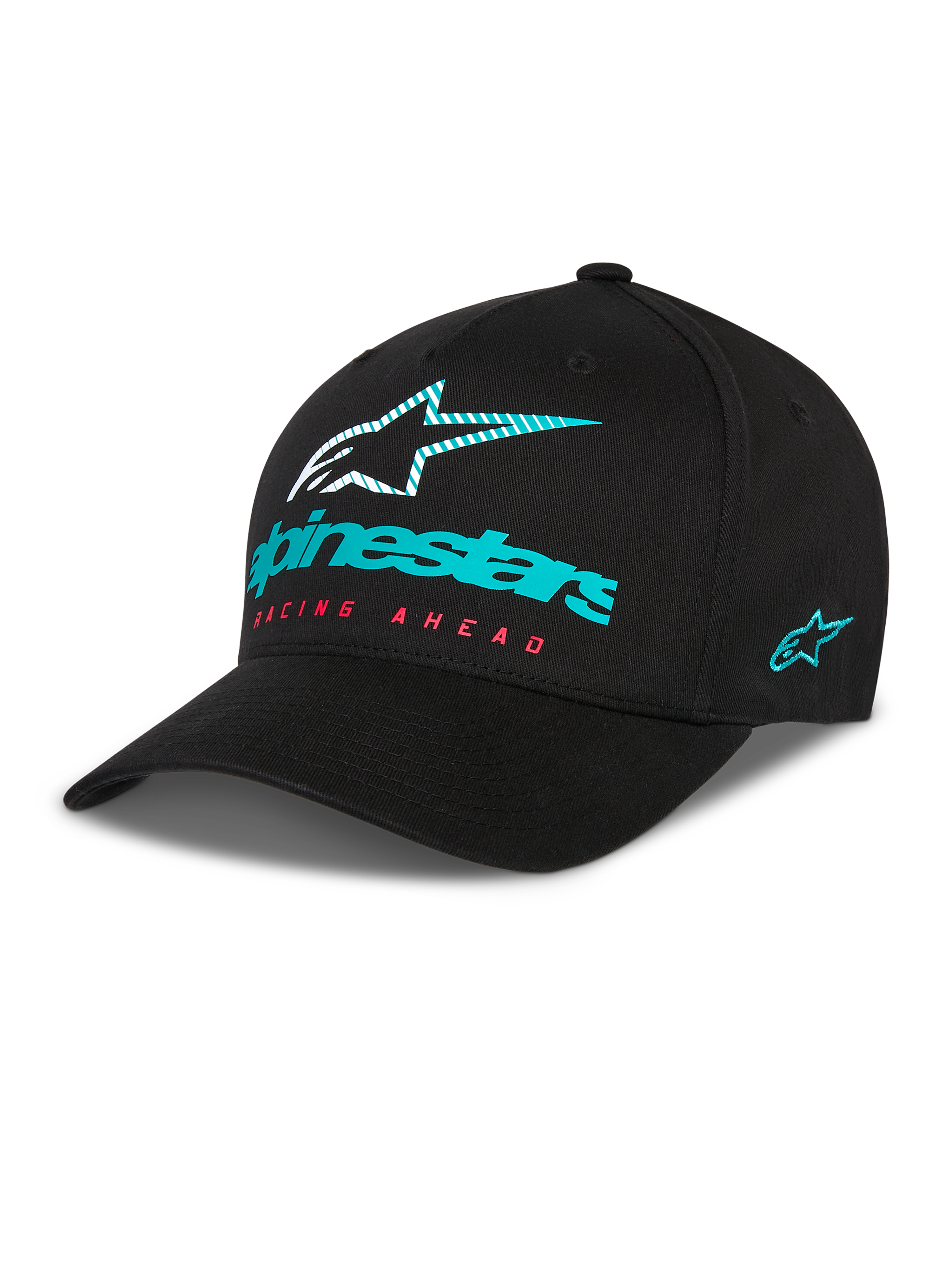 Alpinestars Instinct Kappe, schwarze Baseballkappe mit gebogenem Schirm, türkisfarbenes Alpinestars-Logo und gestreifter Stern auf der Vorderseite, roter „Racing Ahead“-Schriftzug, türkisfarbene Logo-Stickerei an der Seite, lässige Motorsport-Kopfbedeckung
