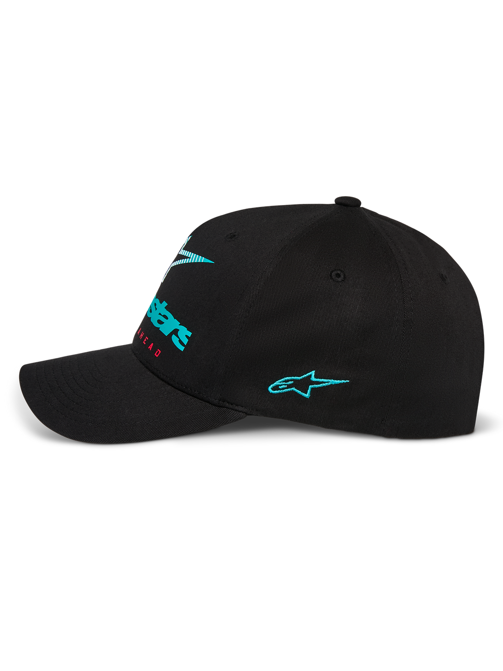 Alpinestars Instinct Kappe, Seitenansicht einer schwarzen Baseballkappe, mit türkis besticktem Astars-Logo an der Seite und Front-Branding mit Farbverlauf, gebogener Schirm mit strukturierter Krone, lässige Motorsport-Streetwear