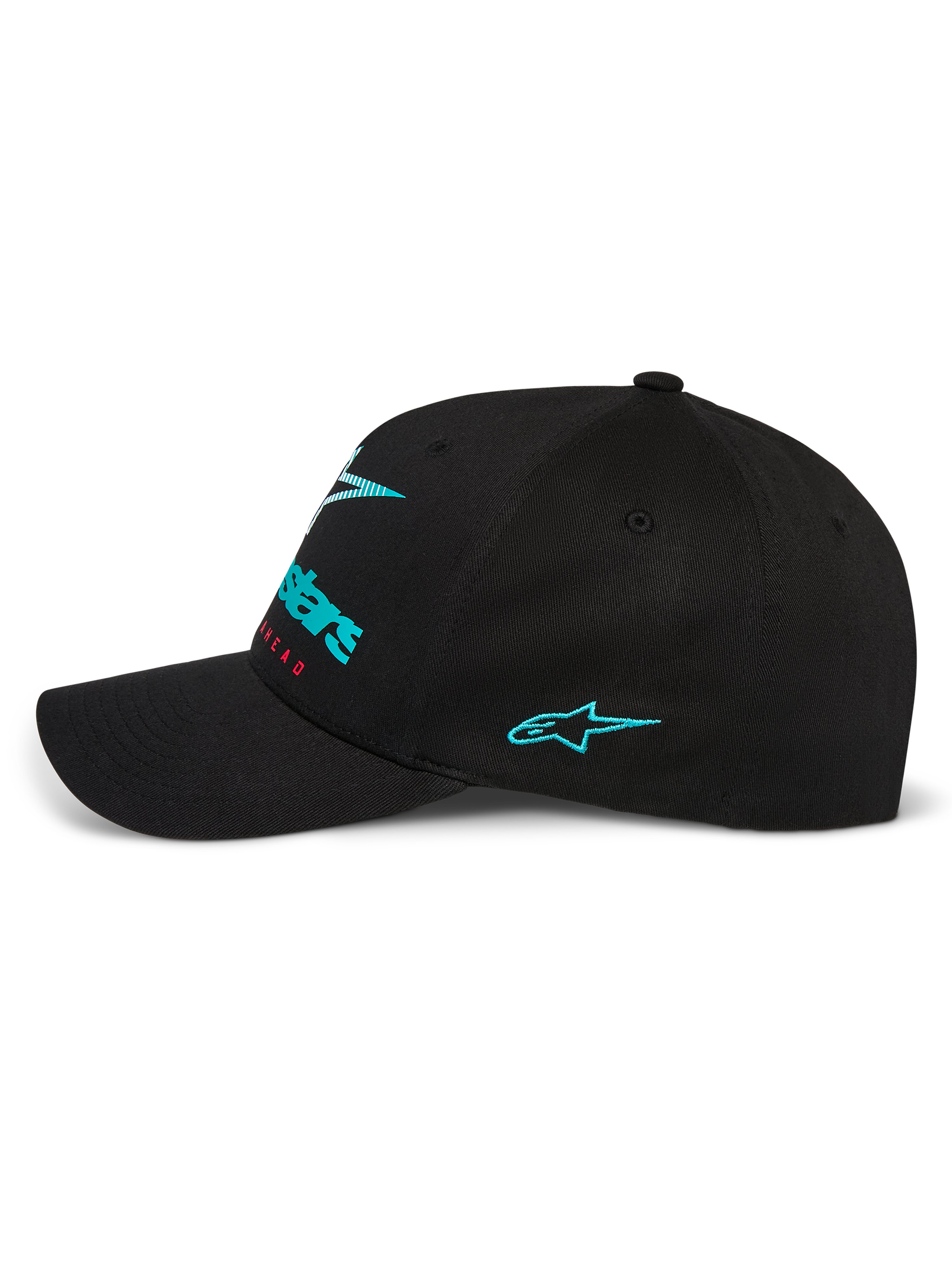 Alpinestars Instinct Kappe, Seitenansicht einer schwarzen Baseballkappe, mit türkis besticktem Astars-Logo an der Seite und Front-Branding mit Farbverlauf, gebogener Schirm mit strukturierter Krone, lässige Motorsport-Streetwear