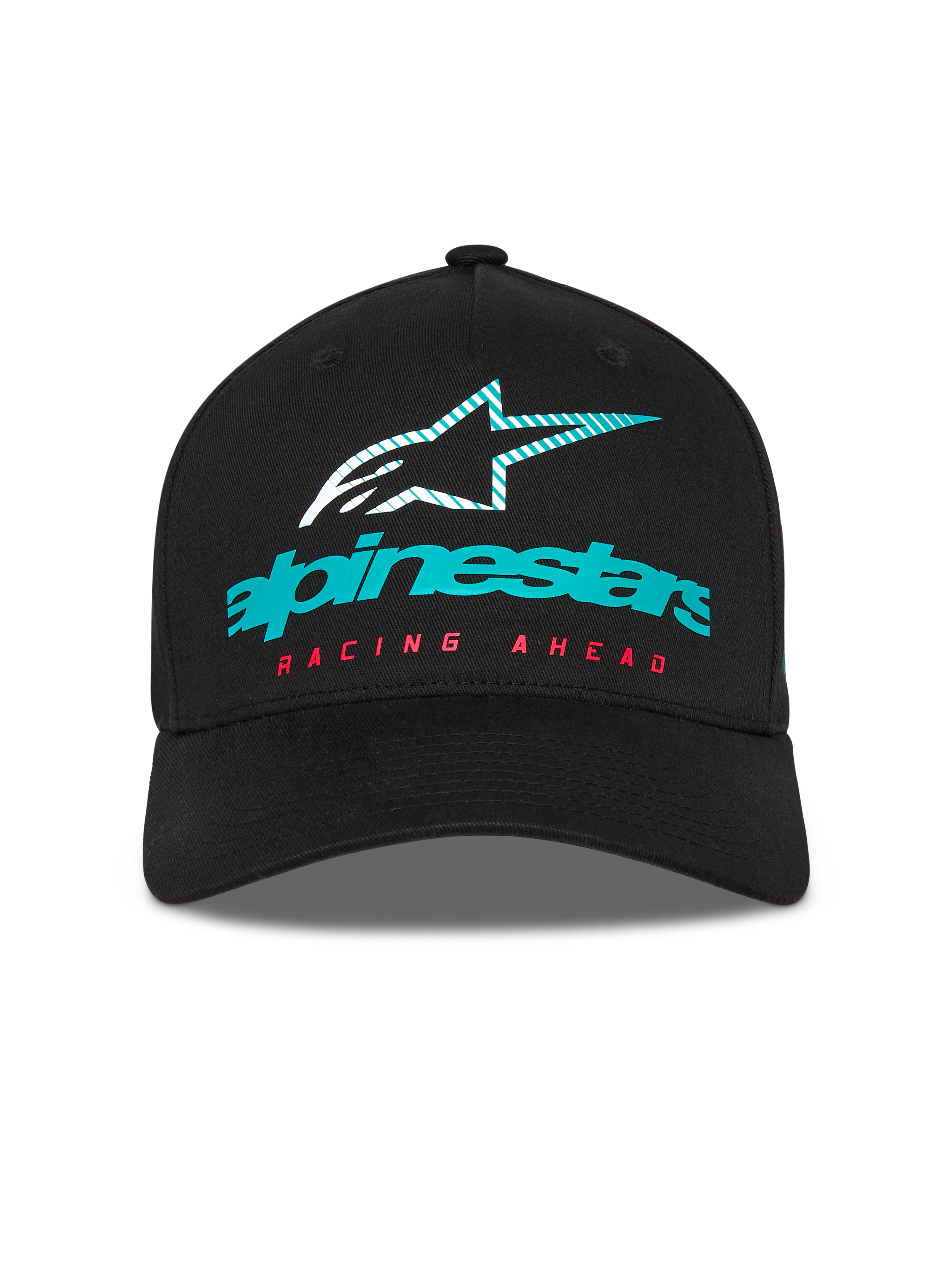 Alpinestars Instinct Hat, strukturierte Baseballkappe, Schwarz, mit türkisfarbenem Alpinestars-Logo, gestreiftem Stern-Symbol und rotem „RACING AHEAD“-Schriftzug, gebogener Schirm, lässige Motorsport-Streetwear