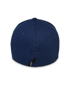 Alpinestars Instinct Kappe, marineblaue Baseballkappe, Rückansicht mit strukturierter Krone und Flex-Rückseite, kleines schwarzes Etikett mit weißem Astars-Stern-Logo am unteren Rand