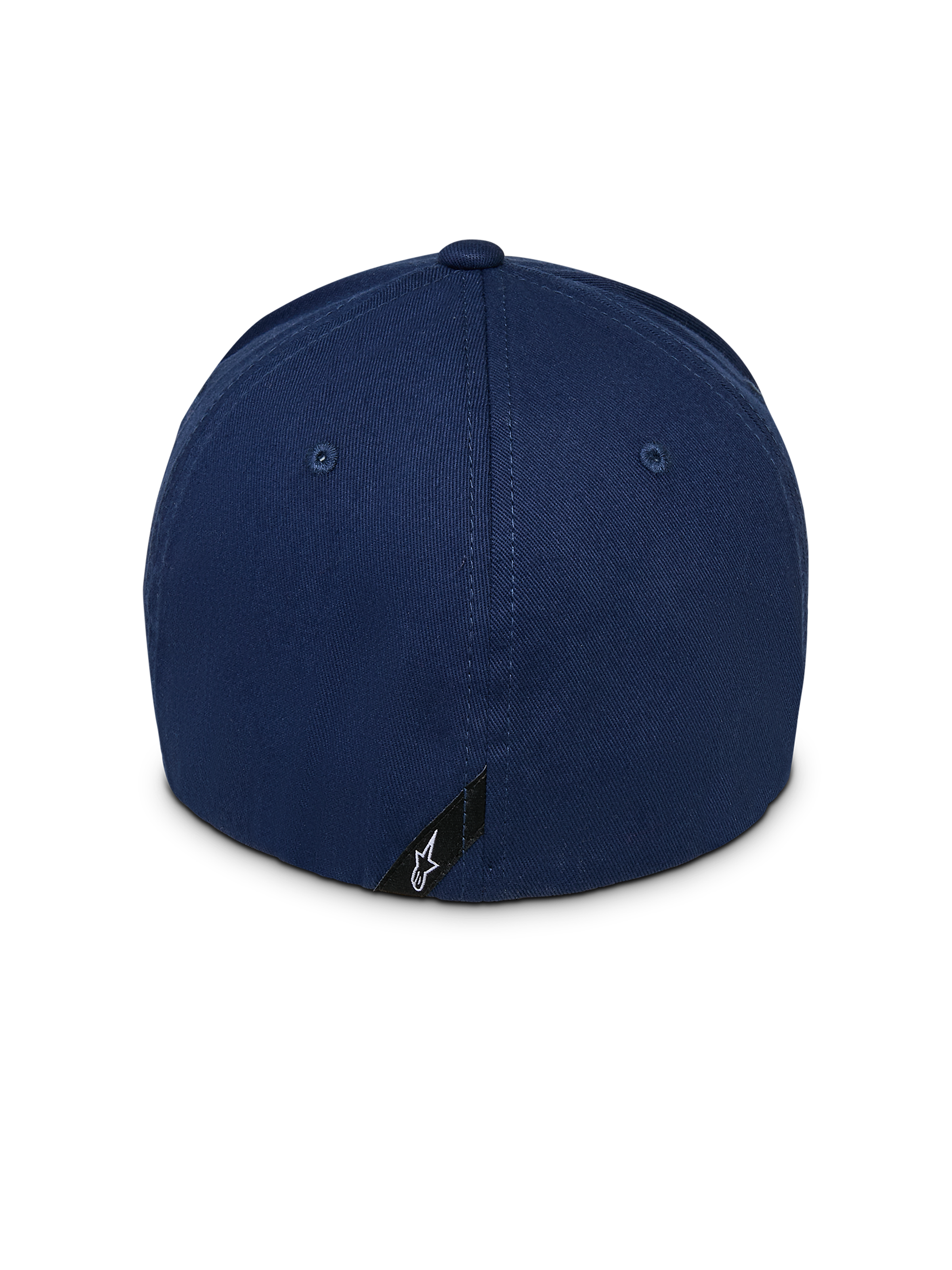 Alpinestars Instinct Kappe, marineblaue Baseballkappe, Rückansicht mit strukturierter Krone und Flex-Rückseite, kleines schwarzes Etikett mit weißem Astars-Stern-Logo am unteren Rand