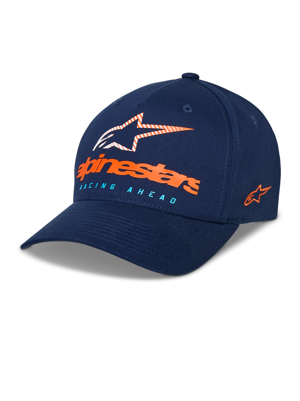 Alpinestars Instinct Kappe, marineblaue Baseball-Cap, gebogener Schirm mit strukturierter Krone, Astars-Logo vorne mit orangefarbenem Schriftzug und hellblauem „Racing Ahead“ Text, seitlich gesticktes Logo, lässige Sport-Kopfbedeckung