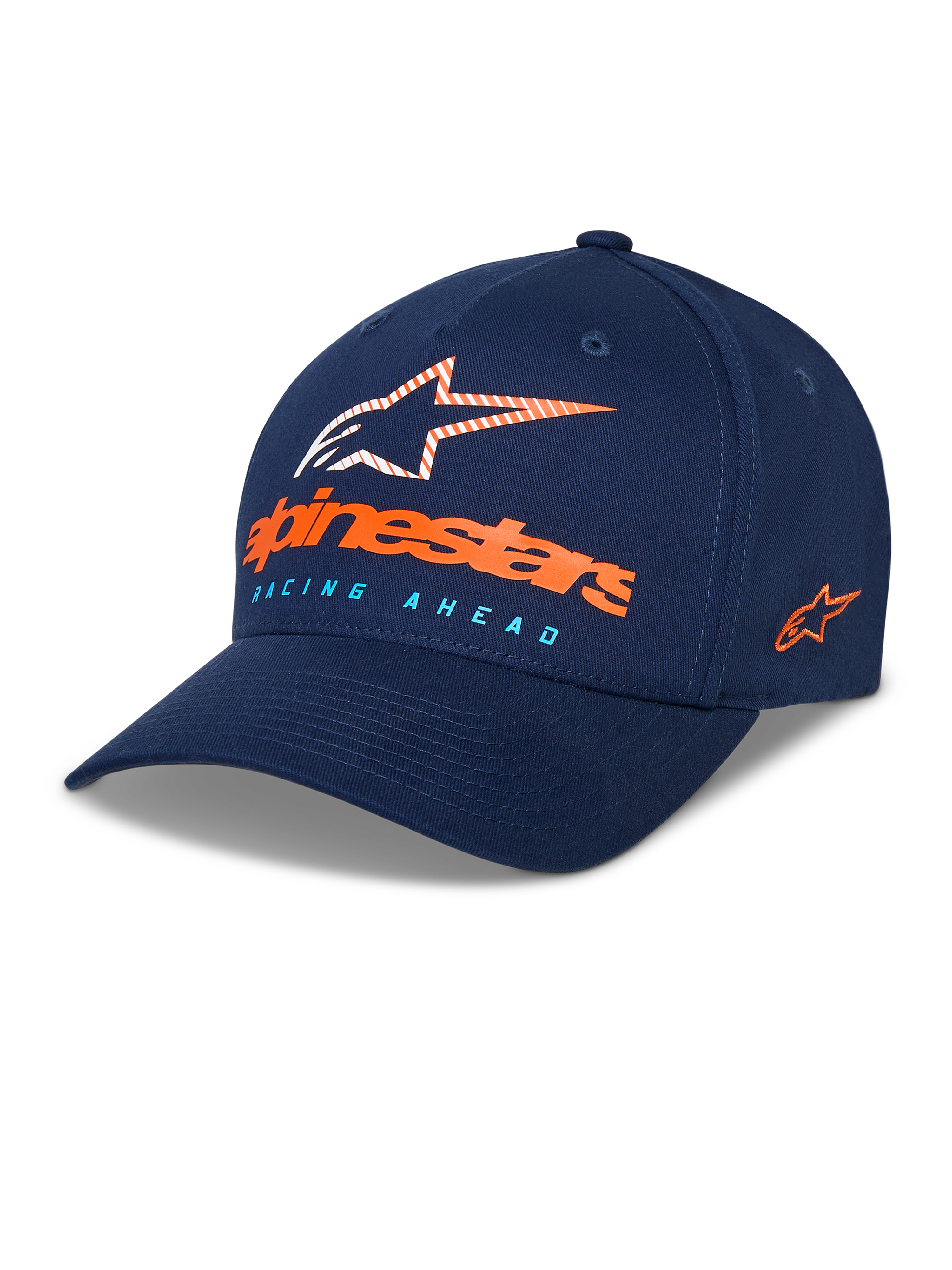 Alpinestars Instinct Kappe, marineblaue Baseball-Cap, gebogener Schirm mit strukturierter Krone, Astars-Logo vorne mit orangefarbenem Schriftzug und hellblauem „Racing Ahead“ Text, seitlich gesticktes Logo, lässige Sport-Kopfbedeckung
