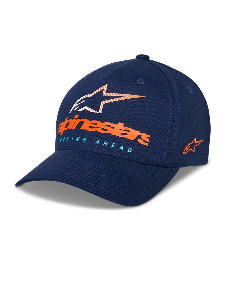 Alpinestars Instinct Hat, Navy Blue Baseball Cap, curved bill with structured crown, front Astars logo with orange wordmark and light blue "Racing Ahead" text, side embroidered logo, casual sportswear headwear