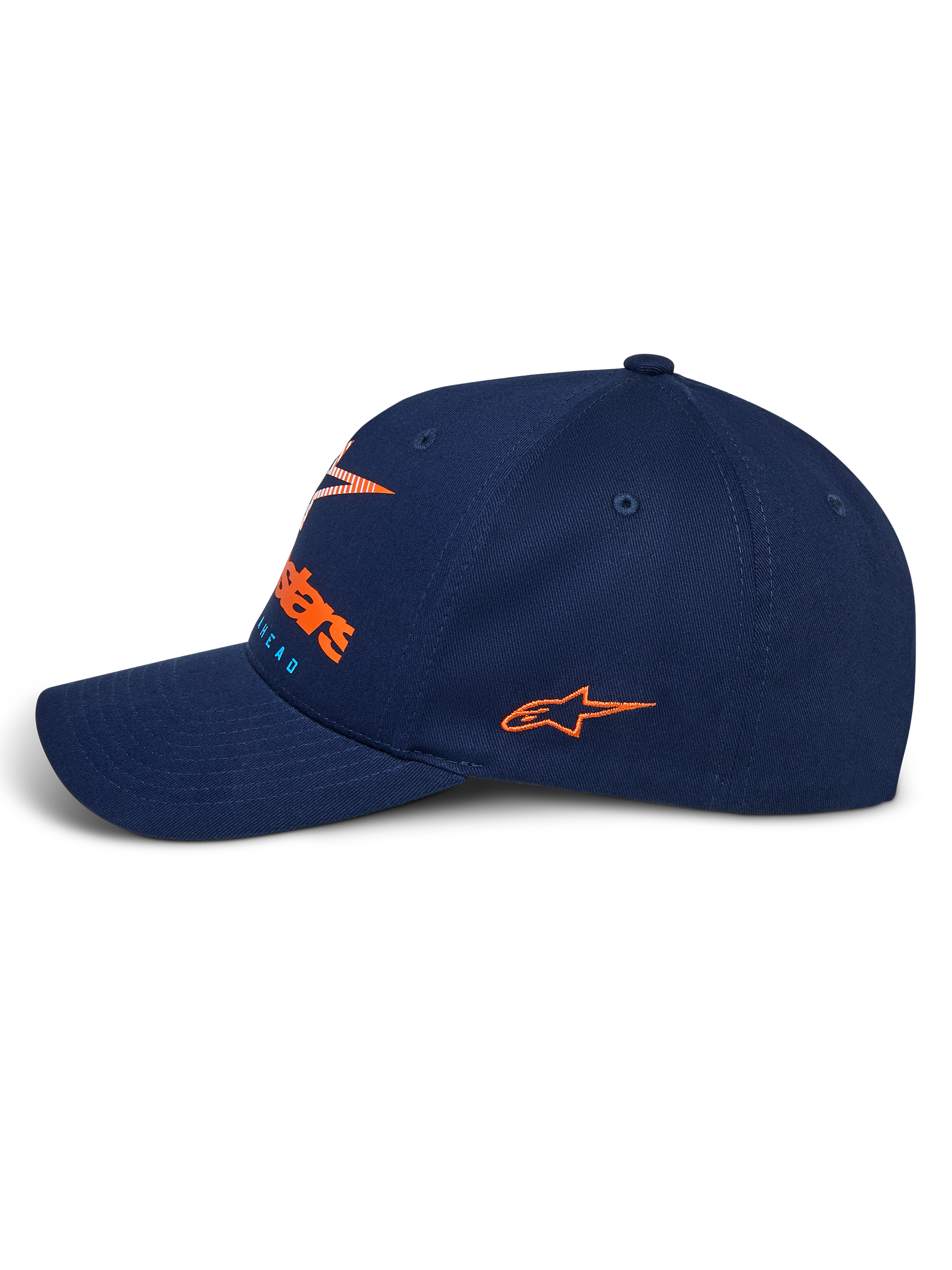 Alpinestars Instinct Kappe, dunkelblaue Sportswear-Kappe, Seitenansicht mit gebogenem Schirm, orangefarbenes gesticktes Seitenlogo, Frontlogo mit orangefarbenem HD-Druck mit Farbverlauf, strukturierte Krone aus Twill-Gewebe