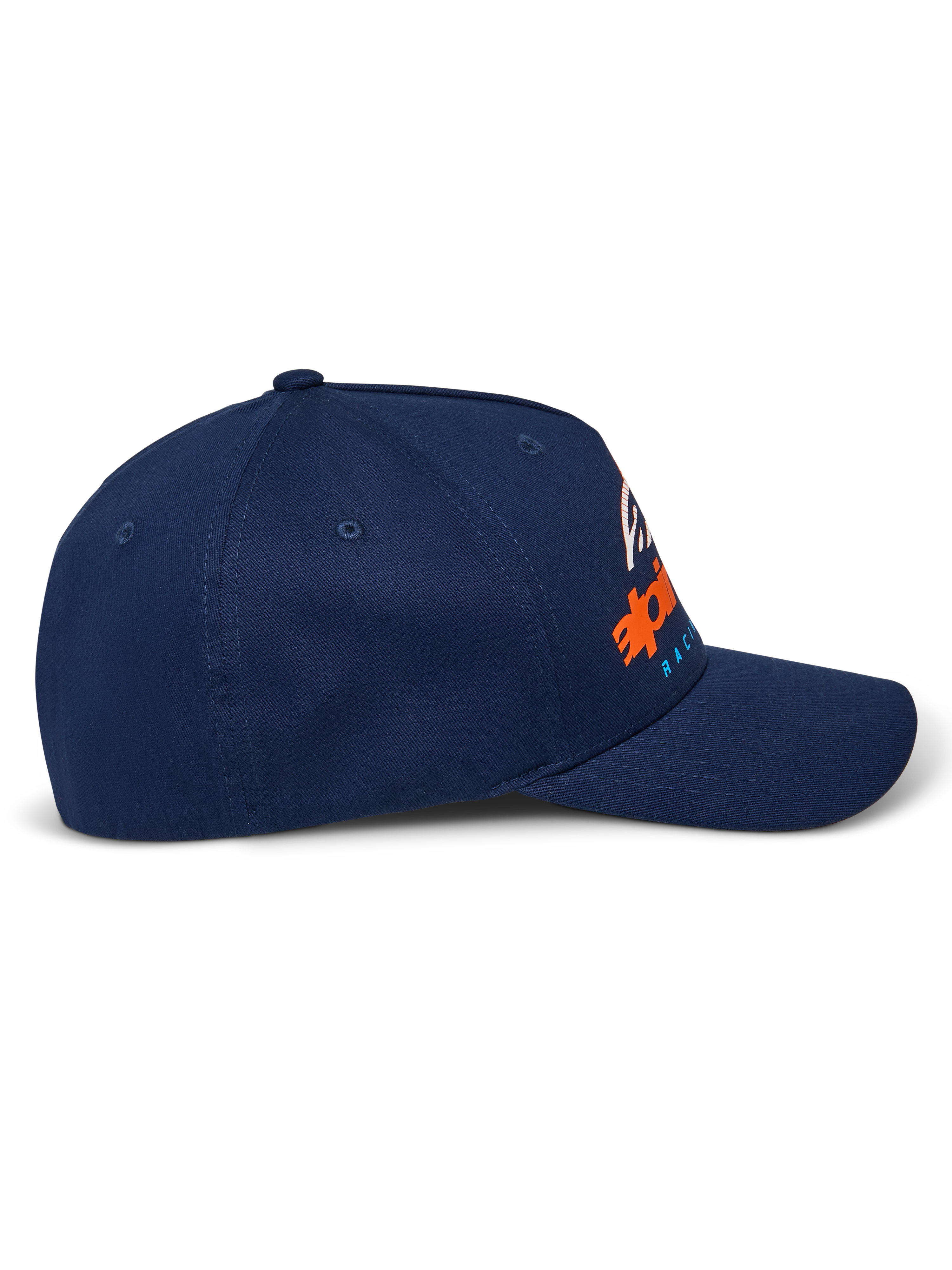 Alpinestars Instinct Kappe, Navy, gebogener Schirm mit strukturierter Krone, Seitenansicht mit orange-blauem Logo-Druck mit Farbverlauf, lässige Sportbekleidung
