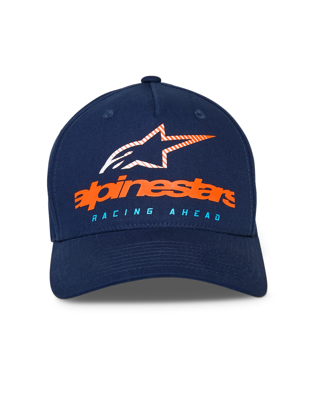 Alpinestars Instinct Kappe, marineblaue Baseballkappe, gebogener Schirm mit strukturierter Krone, vorne orangefarbener Alpinestars-Schriftzug und gestreiftes Stern-Logo, hellblauer „RACING AHEAD“-Schriftzug, lässige Sportbekleidung