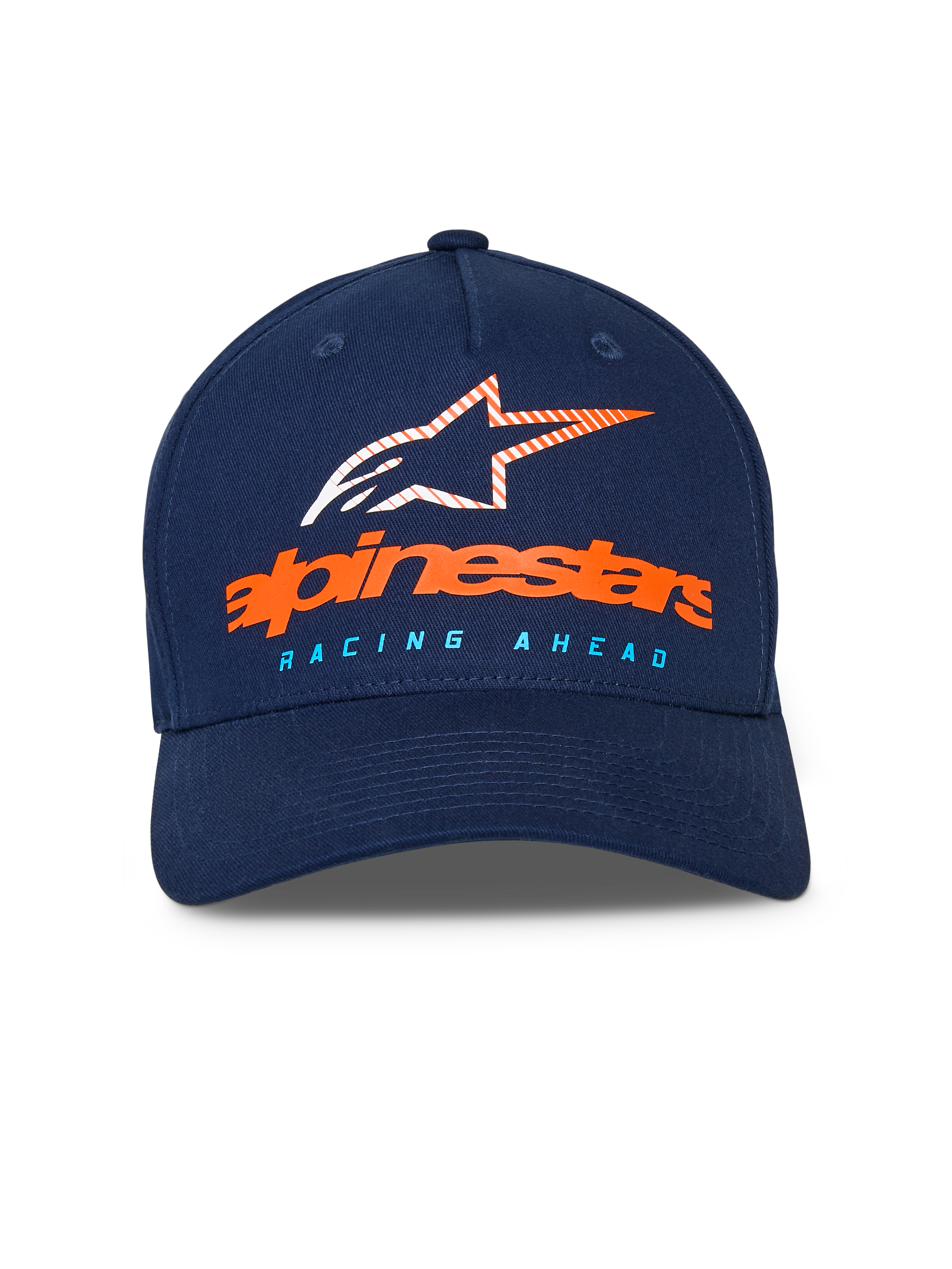 Alpinestars Instinct Kappe, marineblaue Baseballkappe, gebogener Schirm mit strukturierter Krone, vorne orangefarbener Alpinestars-Schriftzug und gestreiftes Stern-Logo, hellblauer „RACING AHEAD“-Schriftzug, lässige Sportbekleidung