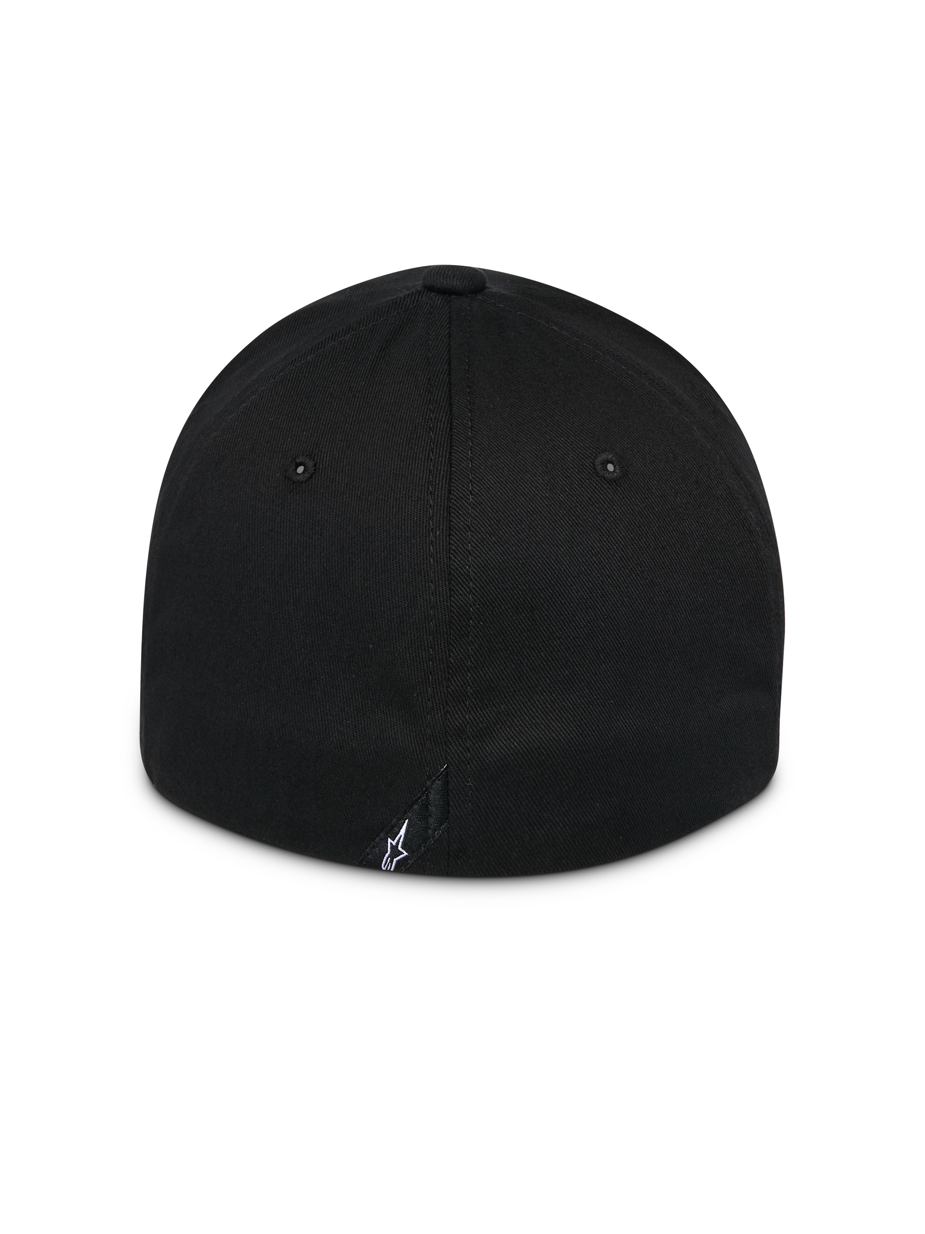 Alpinestars Surpass Hat, Black, rear view of curved bill hat with structured crown, flex back design, small white Astars logo on the back label, casual motorsport headwear