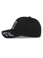 Alpinestars Surpass Hat, Baseball Cap, Black, side profile view showing curved bill with white embroidered Astars logo, structured crown with front embroidery patch, casual motorsport-inspired headwear