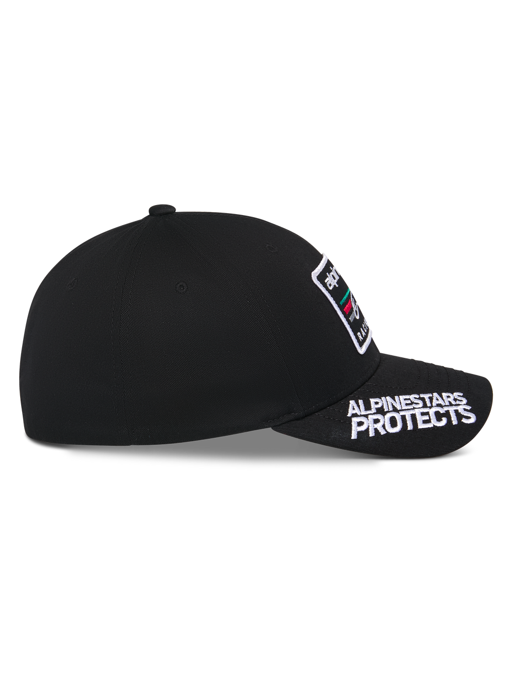 Alpinestars Surpass Hat, Black, side profile view, curved bill with white 'ALPINESTARS PROTECTS' embroidery, structured crown with front logo patch, casual motorsport-inspired headwear