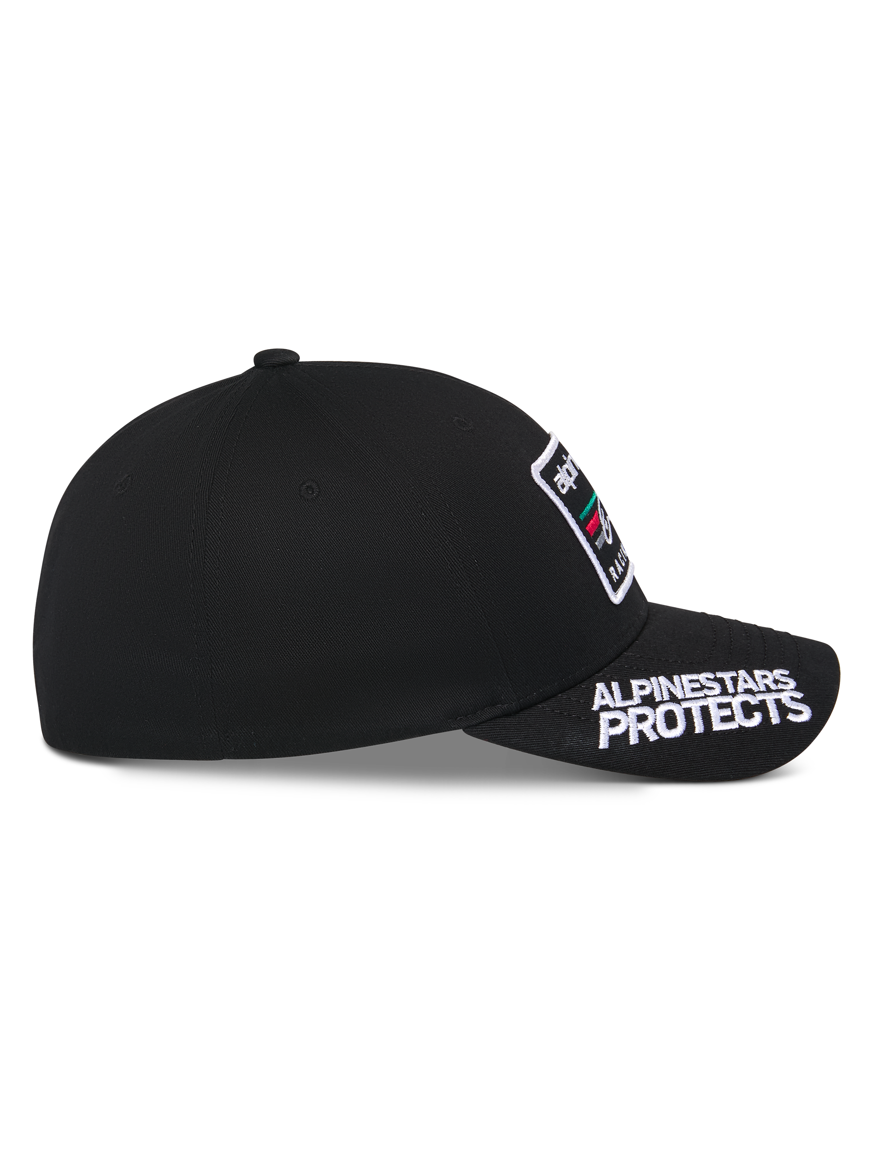 Alpinestars Surpass Hat, Black, side profile view, curved bill with white 'ALPINESTARS PROTECTS' embroidery, structured crown with front logo patch, casual motorsport-inspired headwear