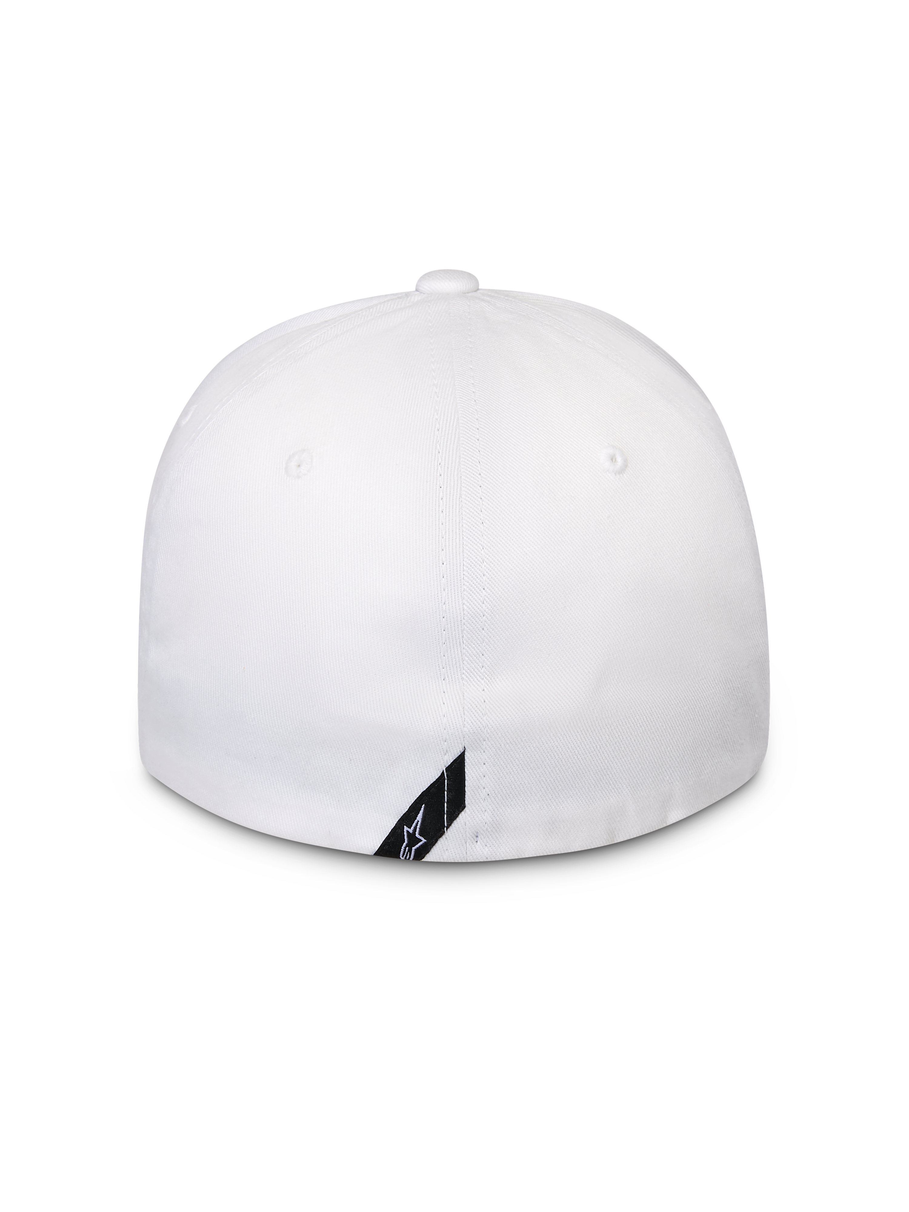 Alpinestars Surpass Kappe, Weiß, Rückansicht einer Flex-Back Baseballkappe, strukturierte Krone, mit einem kleinen schwarzen diagonalen Alpinestars-Logo-Etikett am unteren Rand, lässige Sportbekleidung
