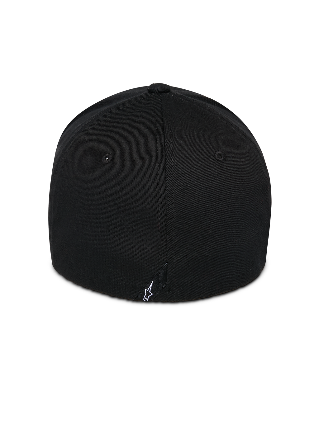 Alpinestars Corp Shift Relay Kappe, Schwarz, Rückansicht mit kleinem weiß besticktem Astars-Logo, strukturierte Krone aus Twill-Gewebe, Flex-Rückseite für lässige Sportbekleidung