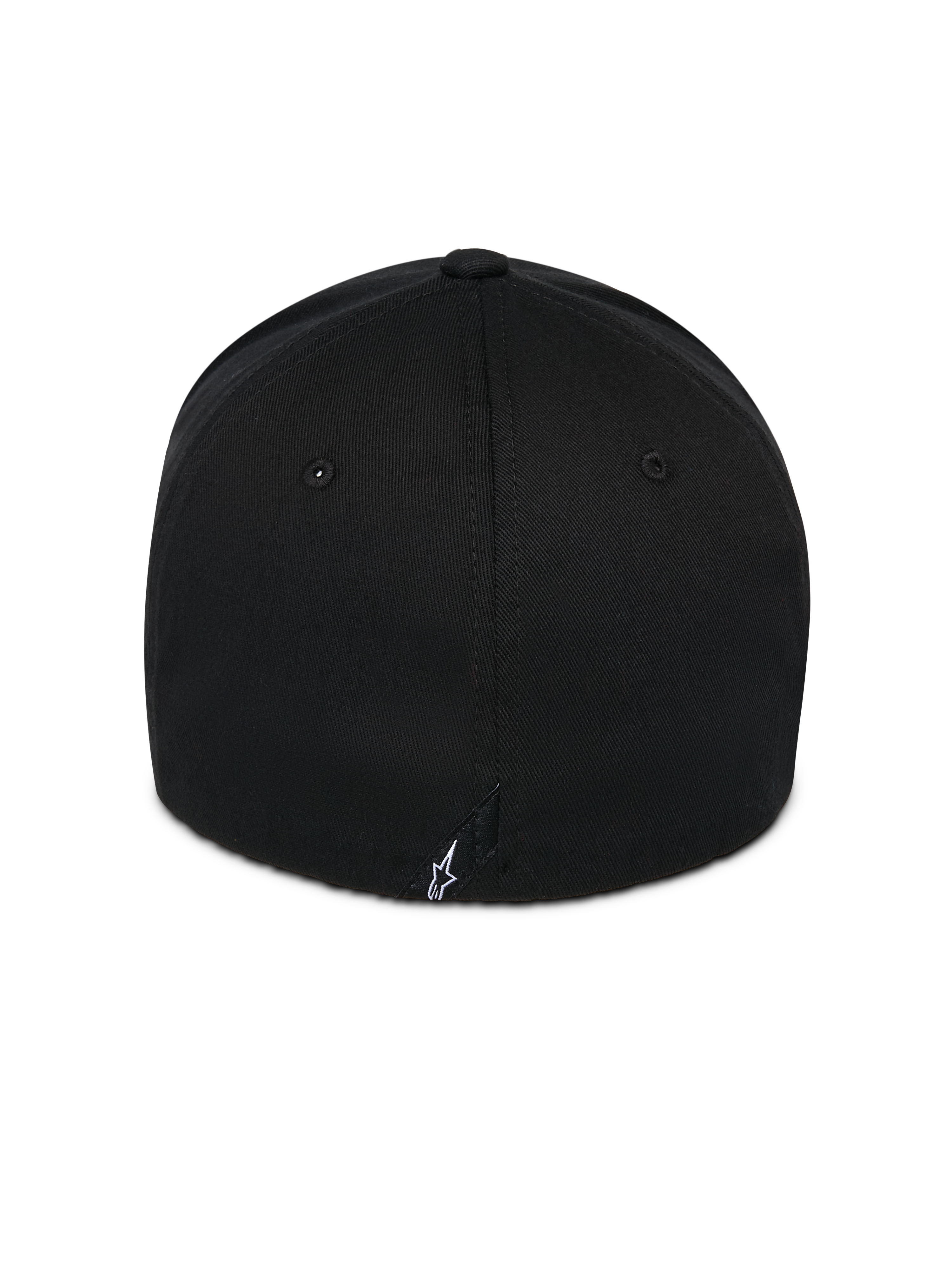 Alpinestars Corp Shift Relay Kappe, Schwarz, Rückansicht mit kleinem weiß besticktem Astars-Logo, strukturierte Krone aus Twill-Gewebe, Flex-Rückseite für lässige Sportbekleidung