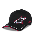 Alpinestars Corp Shift Relay Kappe, Schwarz, strukturierte Twill-Baseballkappe mit gebogenem Schirm, weißes 3D-Astars-Logo mit roter Stickumrandung auf der Vorderseite, rotes Logo an der Seite, weißer Rand am Schirm mit rotem Sandwich-Detail, lässige, vom Motorsport inspirierte Kopfbedeckung.