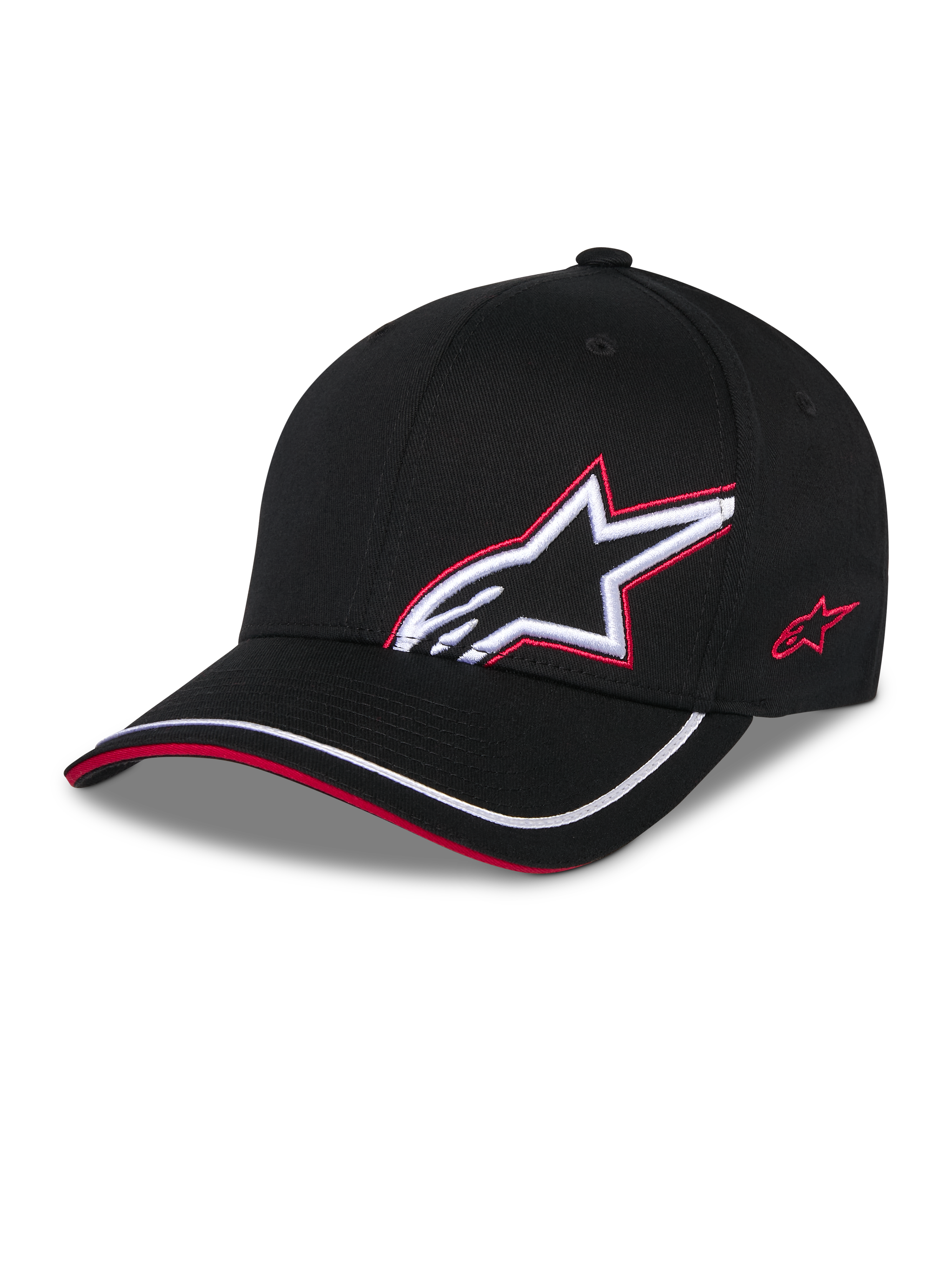 Alpinestars Corp Shift Relay Kappe, Schwarz, strukturierte Twill-Baseballkappe mit gebogenem Schirm, weißes 3D-Astars-Logo mit roter Stickumrandung auf der Vorderseite, rotes Logo an der Seite, weißer Rand am Schirm mit rotem Sandwich-Detail, lässige, vom Motorsport inspirierte Kopfbedeckung.