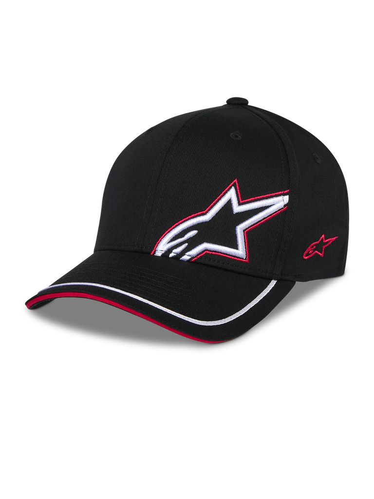 Alpinestars Corp Shift Relay Kappe, Schwarz, strukturierte Twill-Baseballkappe mit gebogenem Schirm, weißes 3D-Astars-Logo mit roter Stickumrandung auf der Vorderseite, rotes Logo an der Seite, weißer Rand am Schirm mit rotem Sandwich-Detail, lässige, vom Motorsport inspirierte Kopfbedeckung.