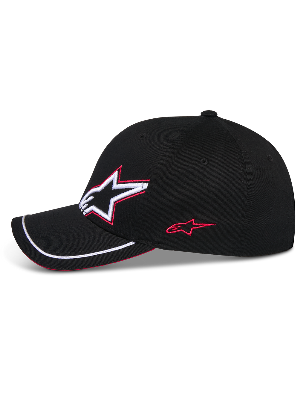 Alpinestars Corp Shift Relay Kappe, schwarze Baseballkappe, Seitenprofil mit 3D-Astars-Logostickerei in Weiß und Rot, gebogener Schirm mit weißem Sutache-Besatz und rotem Sandwich-Detail, lässige Motorsport-Kopfbedeckung
