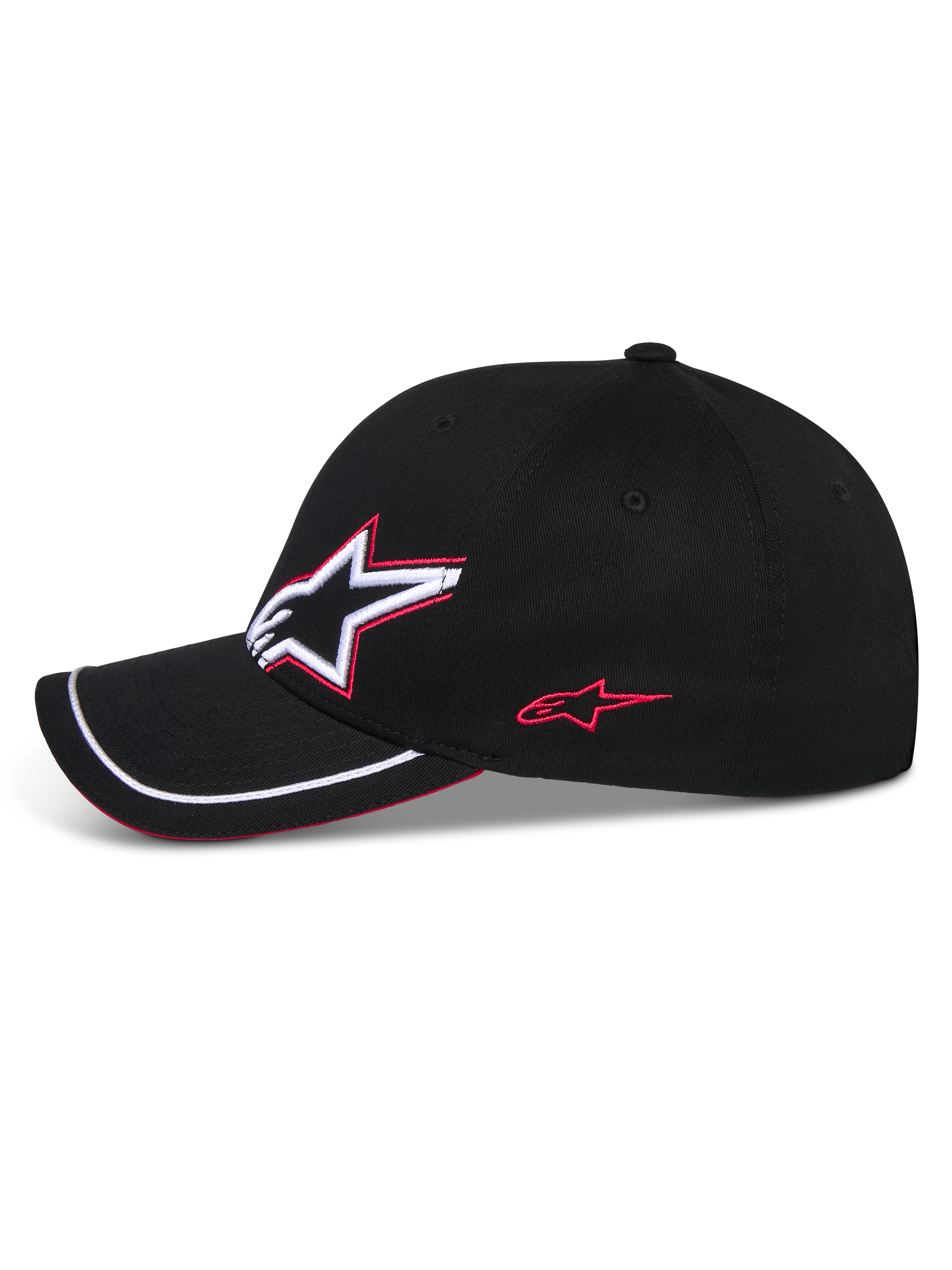 Alpinestars Corp Shift Relay Kappe, schwarze Baseballkappe, Seitenprofil mit 3D-Astars-Logostickerei in Weiß und Rot, gebogener Schirm mit weißem Sutache-Besatz und rotem Sandwich-Detail, lässige Motorsport-Kopfbedeckung