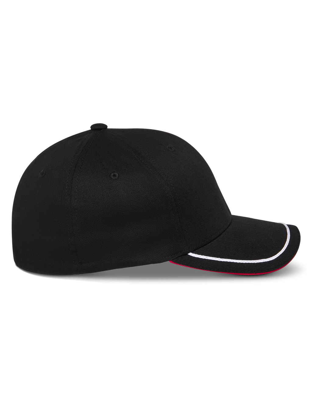 Alpinestars Corp Shift Relay Kappe, schwarze Baseballkappe, Seitenprofil, gebogener Schirm mit weißem Sutache-Besatz und roter Unterseite, strukturierte Krone, lässige, vom Motorsport inspirierte Kopfbedeckung