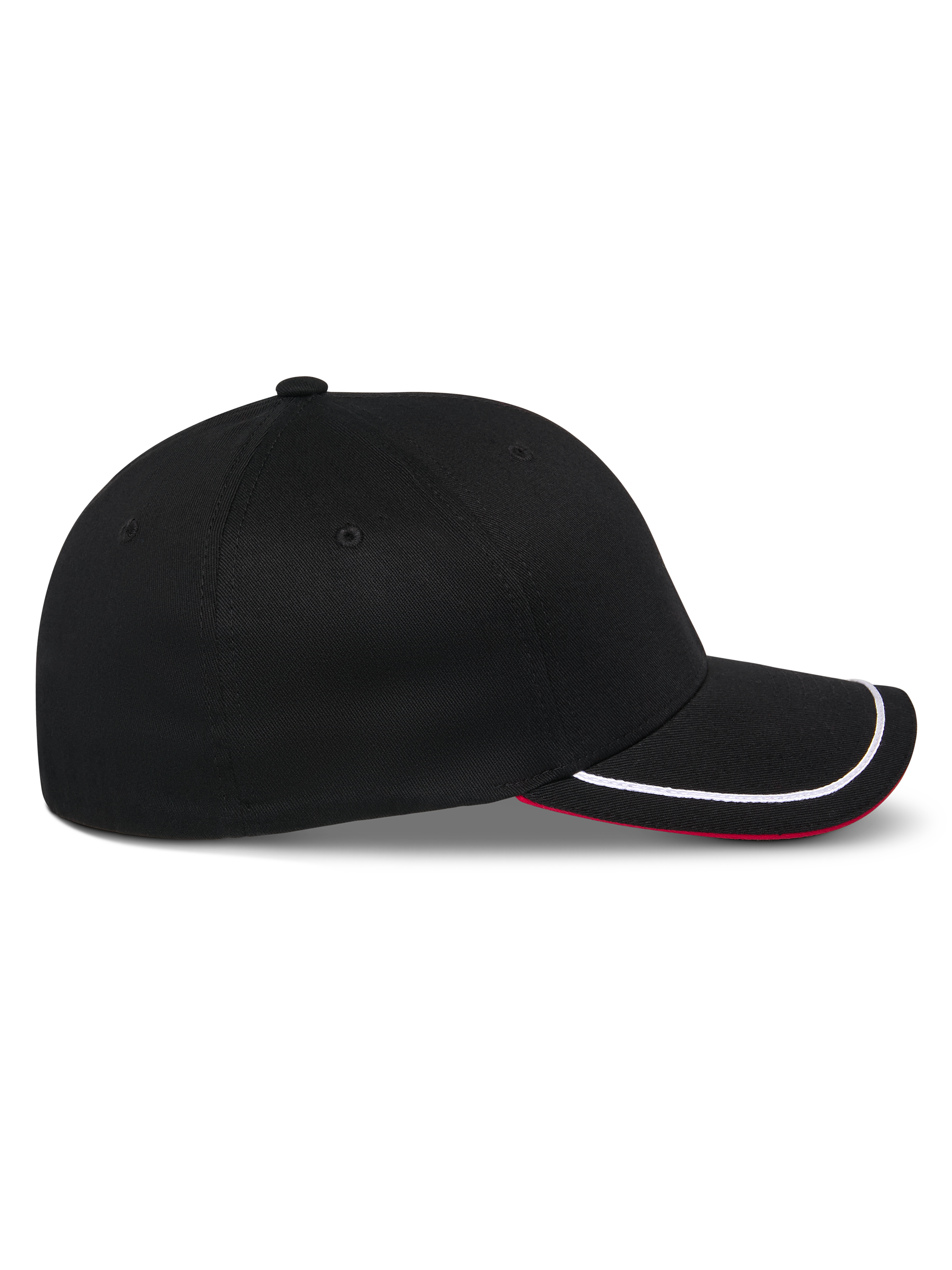 Alpinestars Corp Shift Relay Kappe, schwarze Baseballkappe, Seitenprofil, gebogener Schirm mit weißem Sutache-Besatz und roter Unterseite, strukturierte Krone, lässige, vom Motorsport inspirierte Kopfbedeckung