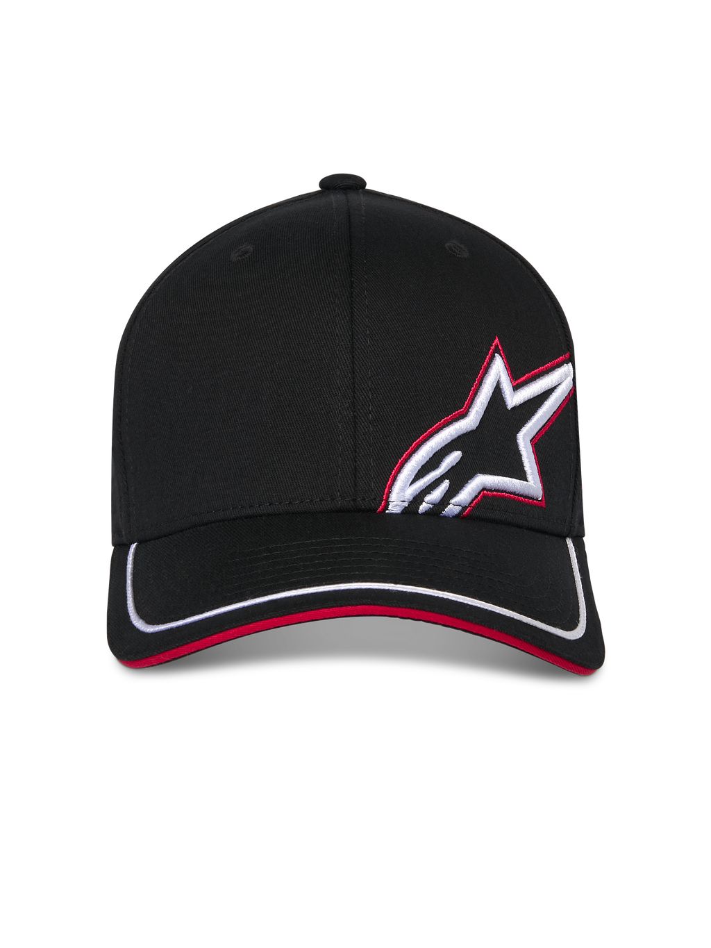 Alpinestars Corp Shift Relay Kappe, schwarze Baseball-Kappe, gebogener Schirm mit weißem Rand und rotem Sandwich-Detail, 3D-Astars-Logo-Stickerei auf der Vorderseite in Weiß und Rot, lässige, vom Motorsport inspirierte Sportbekleidung