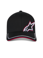 Alpinestars Corp Shift Relay Kappe, schwarze Baseball-Kappe, gebogener Schirm mit weißem Rand und rotem Sandwich-Detail, 3D-Astars-Logo-Stickerei auf der Vorderseite in Weiß und Rot, lässige, vom Motorsport inspirierte Sportbekleidung