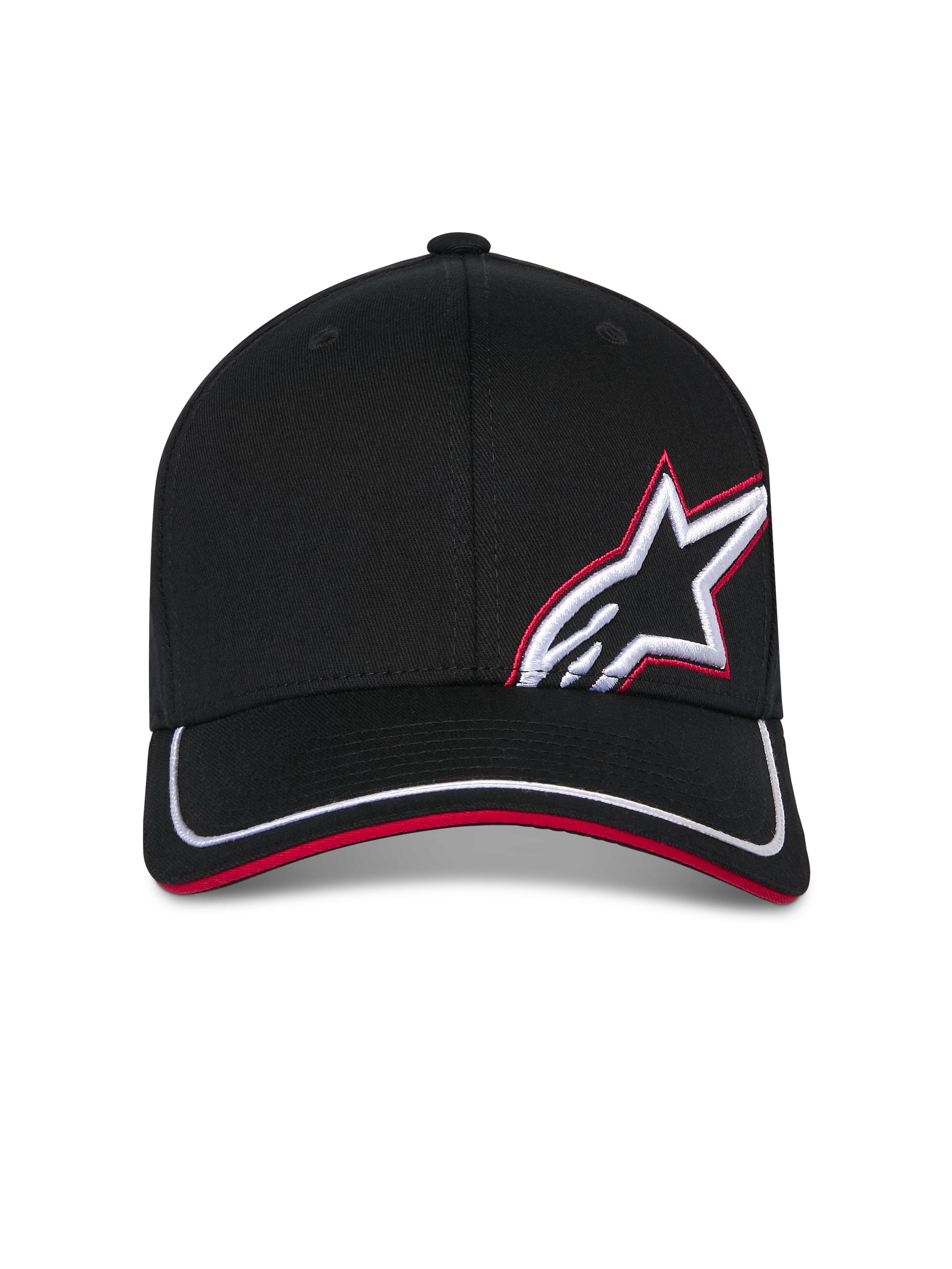 Alpinestars Corp Shift Relay Kappe, schwarze Baseball-Kappe, gebogener Schirm mit weißem Rand und rotem Sandwich-Detail, 3D-Astars-Logo-Stickerei auf der Vorderseite in Weiß und Rot, lässige, vom Motorsport inspirierte Sportbekleidung