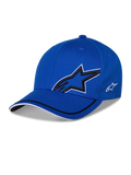 Alpinestars Corp Shift Relay Cap, blaue strukturierte Baseball-Cap, mit großem schwarzem 3D-Astars-Sternlogo mit weißer Umrandung, kleinem weißen seitlichen Logo und gebogenem Schirm mit schwarz-weißen Besatz-Details