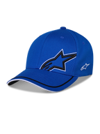 Alpinestars Corp Shift Relay Cap, blaue strukturierte Baseball-Cap, mit großem schwarzem 3D-Astars-Sternlogo mit weißer Umrandung, kleinem weißen seitlichen Logo und gebogenem Schirm mit schwarz-weißen Besatz-Details
