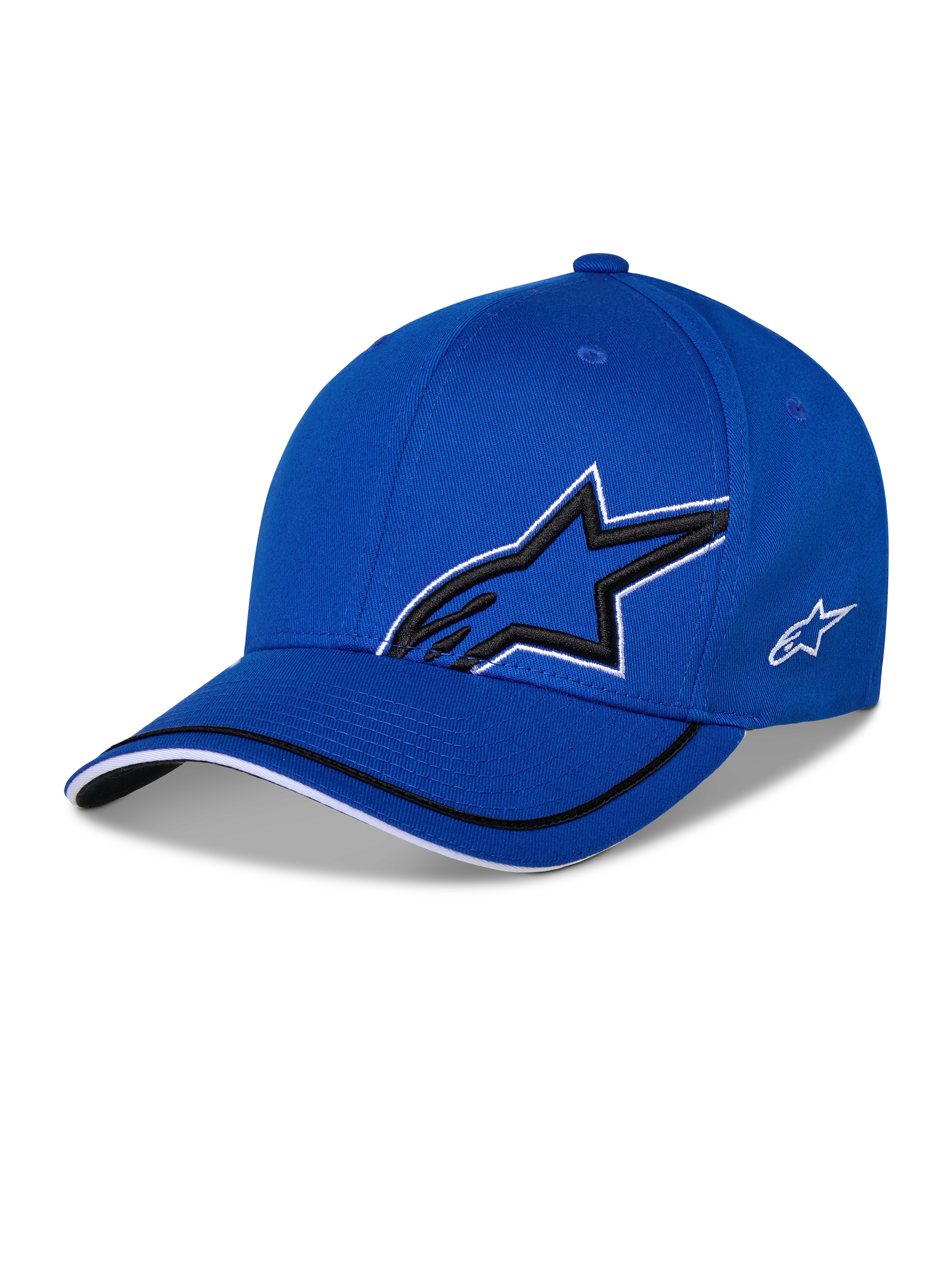Alpinestars Corp Shift Relay Cap, blaue strukturierte Baseball-Cap, mit großem schwarzem 3D-Astars-Sternlogo mit weißer Umrandung, kleinem weißen seitlichen Logo und gebogenem Schirm mit schwarz-weißen Besatz-Details