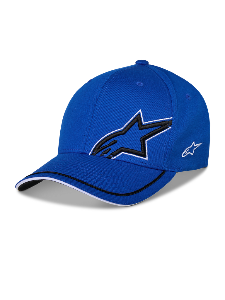 Alpinestars Corp Shift Relay Hat, Blue Structured Baseball Cap, featuring large 3D black Astars star logo with white outline, small white side logo, and curved bill with black and white trim details