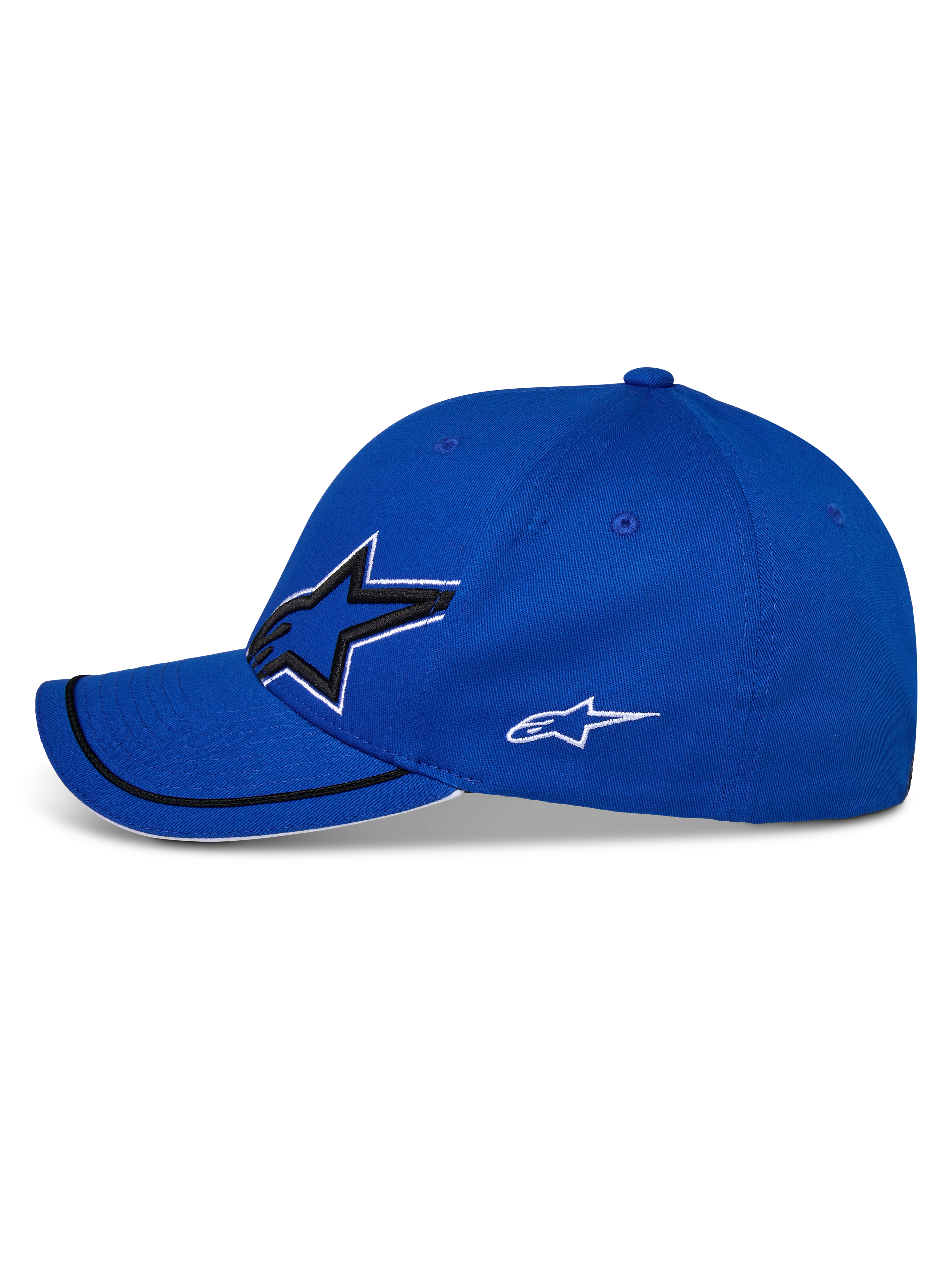 Alpinestars Corp Shift Relay Mütze, Blau, Seitenansicht, gebogener Schirm mit schwarzem Sutache-Besatz und weißem Sandwich-Rand, großes 3D-Astars-Logo auf der Vorderseite und kleineres weißes Logo an der Seite, lässige Sport-Mütze