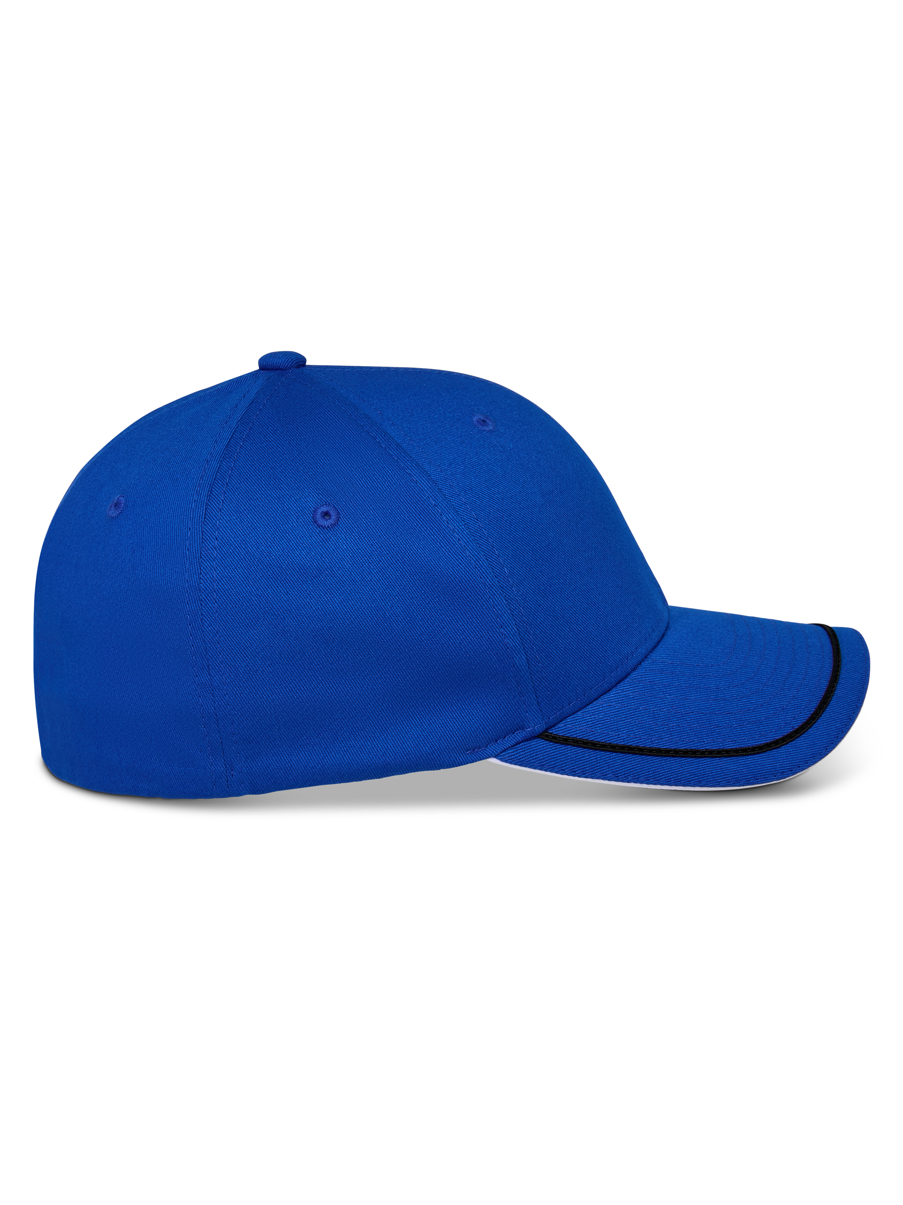 Alpinestars Corp Shift Relay Mütze, strukturierte Baseballkappe, Blau, Seitenansicht mit gebogenem Schirm, schwarzem Sutache-Besatz und weißem Sandwich-Detail, lässige Kopfbedeckung im Motorsport-Stil