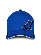 Alpinestars Corp Shift Relay Kappe, Blau, strukturierte Baseballkappe mit gebogenem Schirm, schwarze 3D-Astars-Logo-Stickerei mit weißer Umrandung, schwarz-weißer Sandwich-Besatz am Schirm, lässige Motorsport-Streetwear