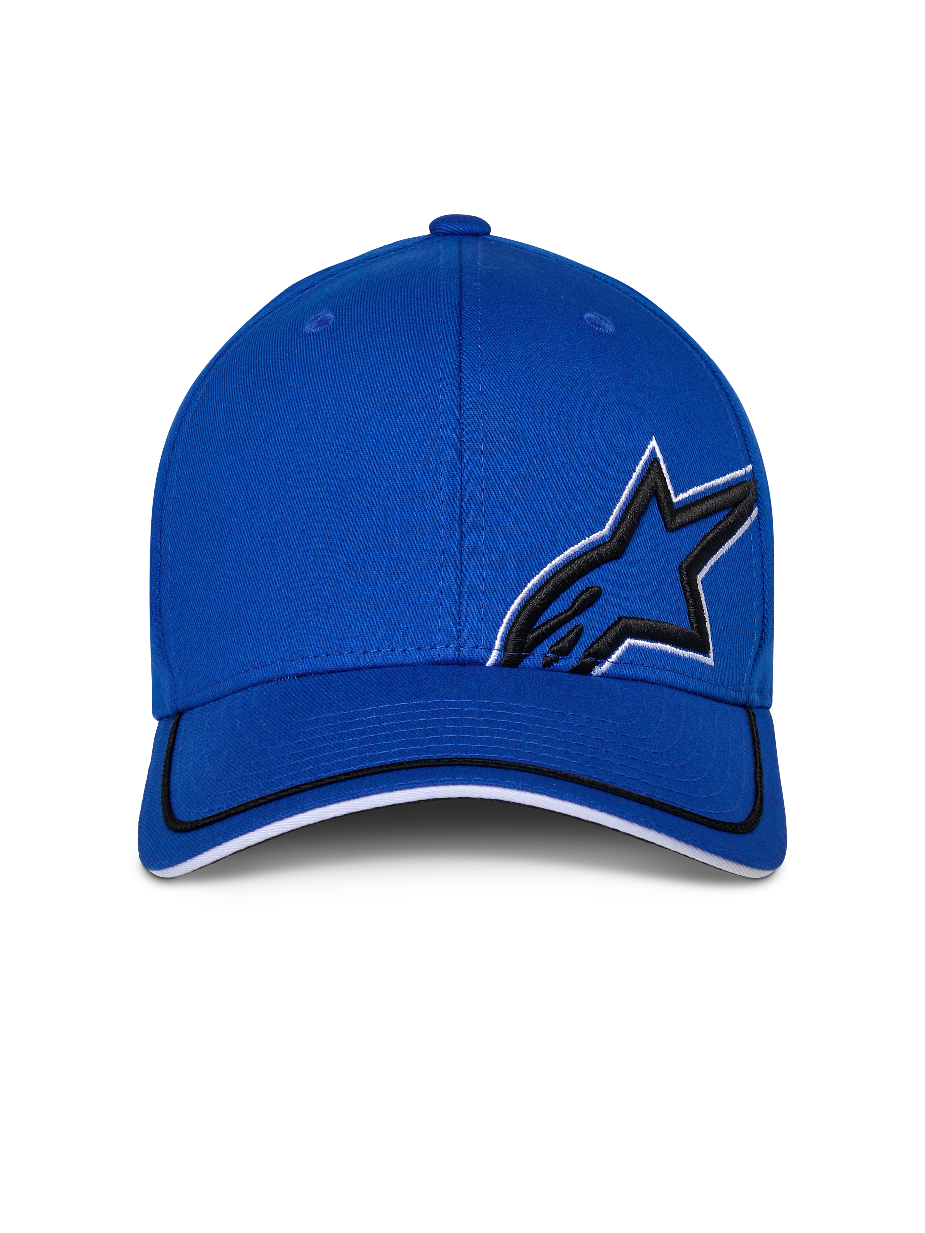 Alpinestars Corp Shift Relay Kappe, Blau, strukturierte Baseballkappe mit gebogenem Schirm, schwarze 3D-Astars-Logo-Stickerei mit weißer Umrandung, schwarz-weißer Sandwich-Besatz am Schirm, lässige Motorsport-Streetwear