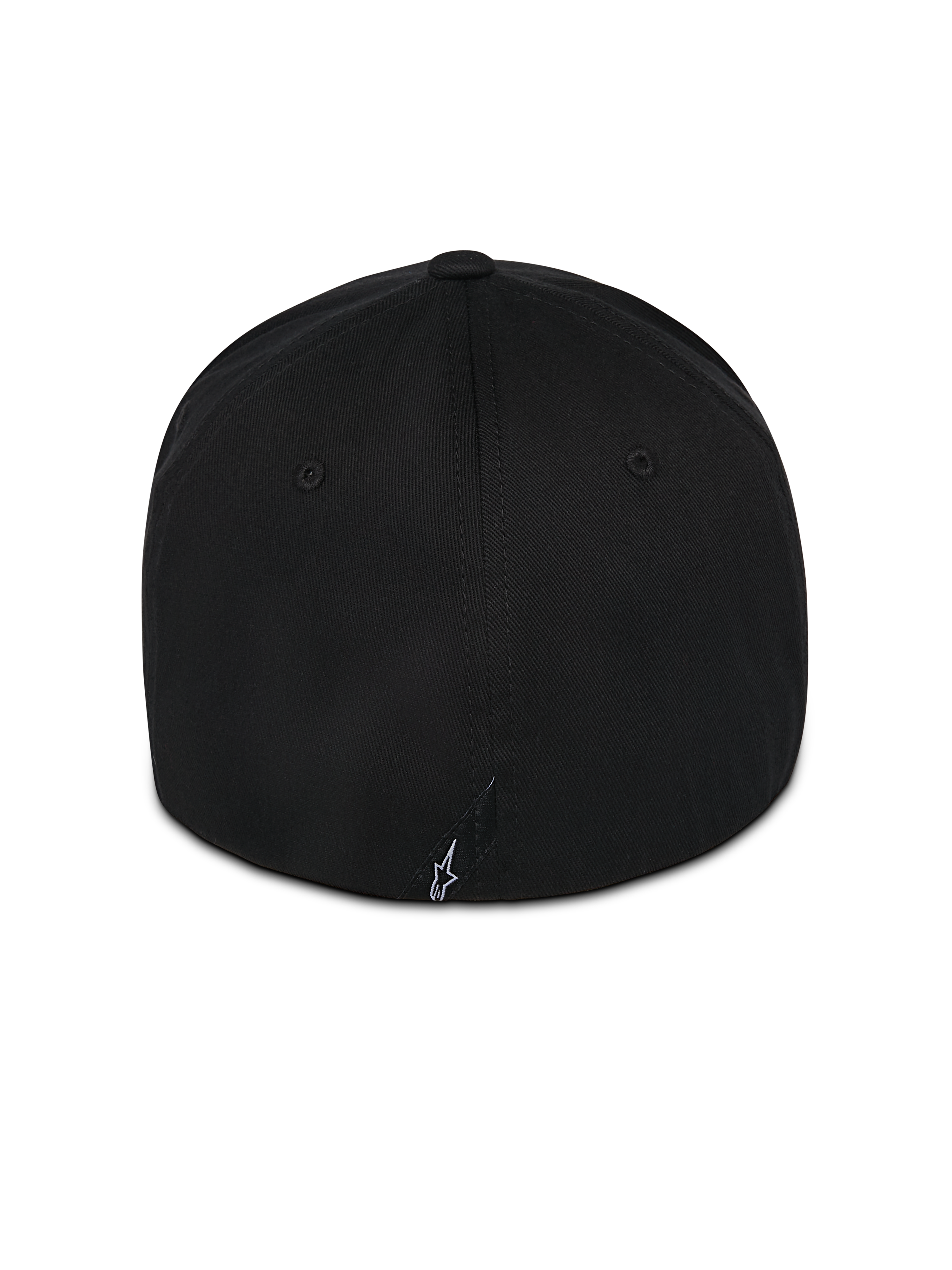 Alpinestars Pivot Kappe, schwarze Flex-Back-Kappe, Rückansicht mit einem kleinen weiß bestickten Astars-Logo, Twill-Konstruktion, lässige Motorsportbekleidung